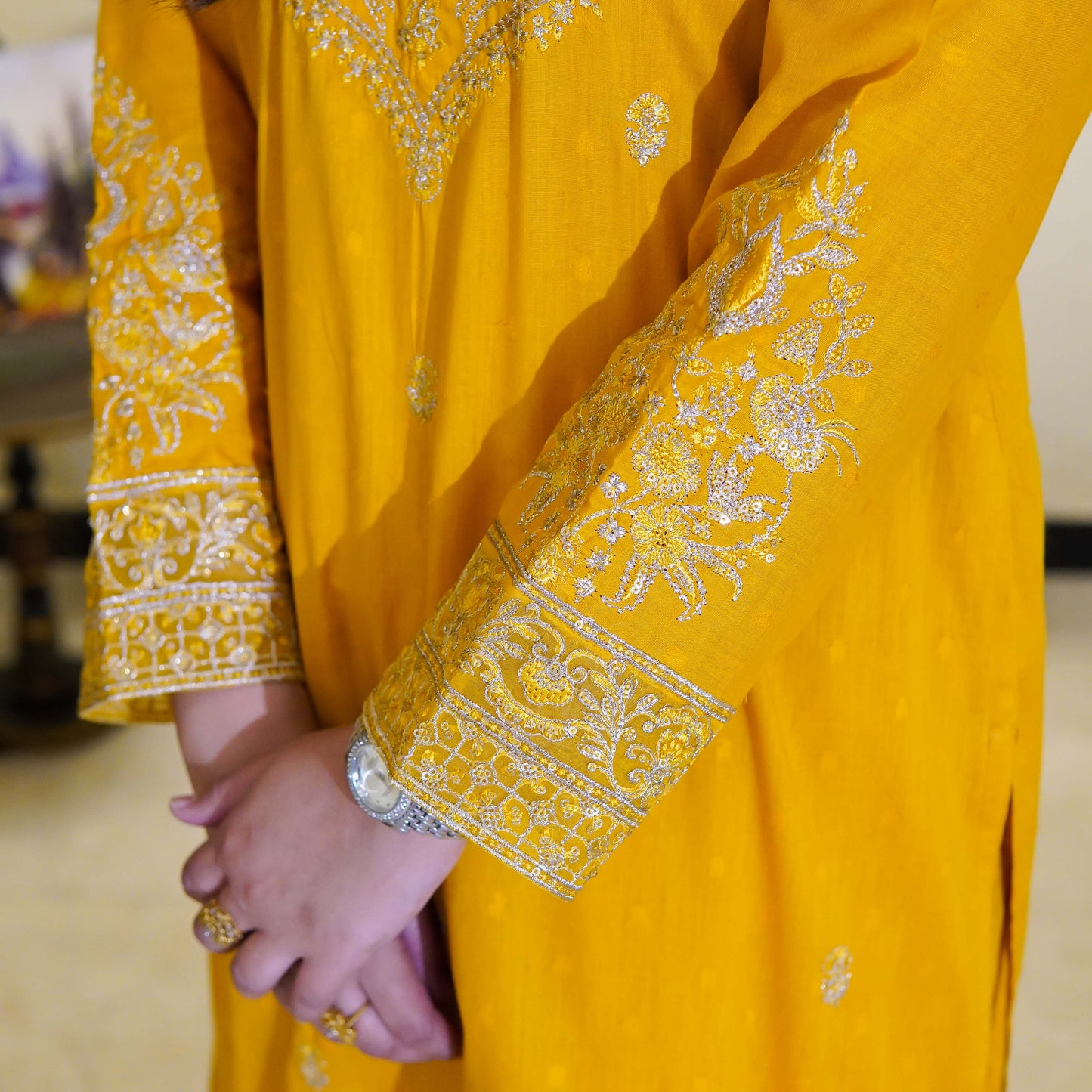 Yellow Two piece Embroidered Farshi Shalwar Design Stitched - Menaalpret