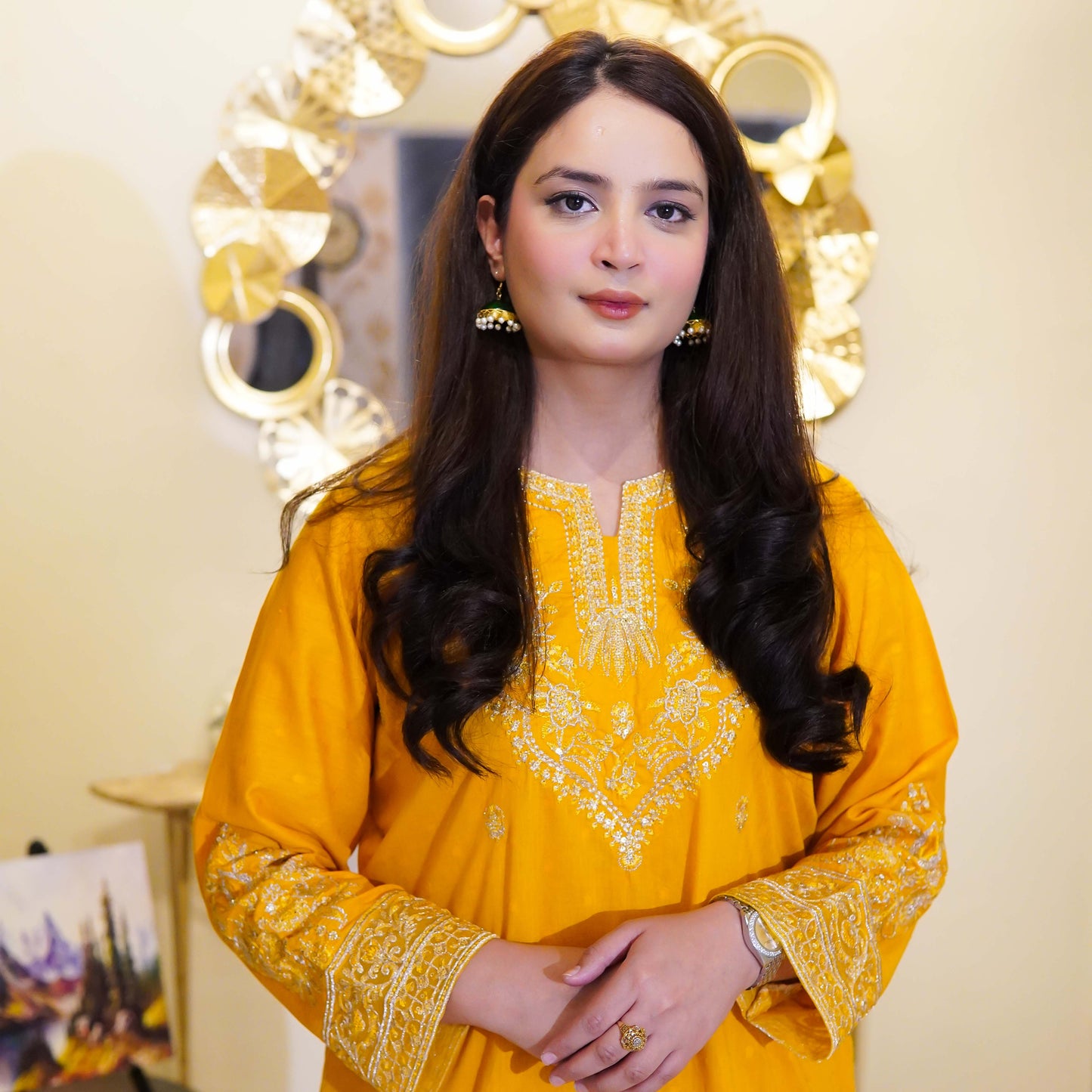 Yellow Two piece Embroidered Farshi Shalwar Design Stitched - Menaalpret