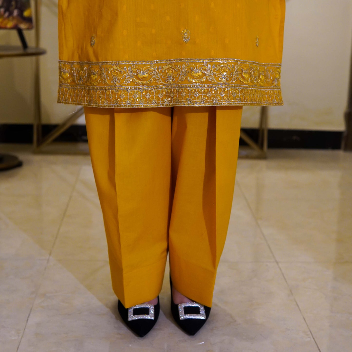 Yellow Two piece Embroidered Farshi Shalwar Design Stitched - Menaalpret