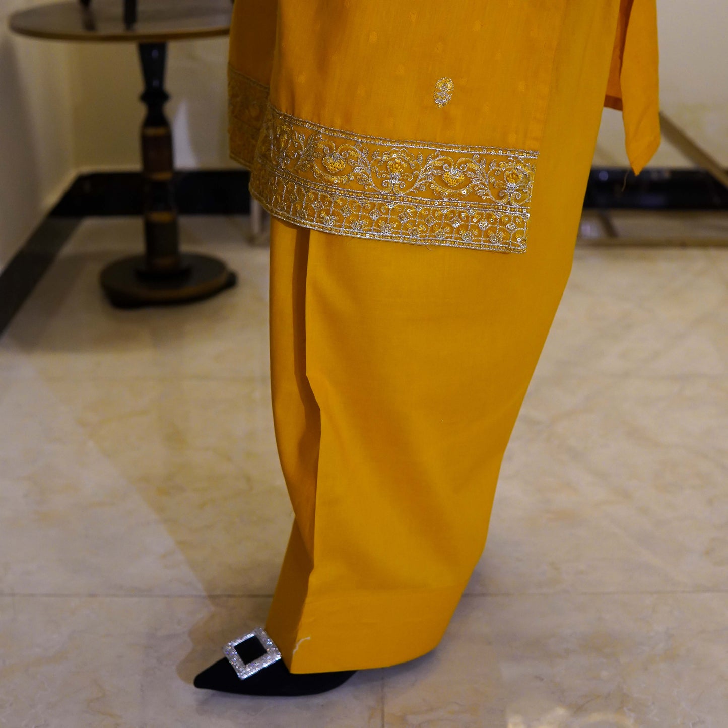 Yellow Two piece Embroidered Farshi Shalwar Design Stitched - Menaalpret