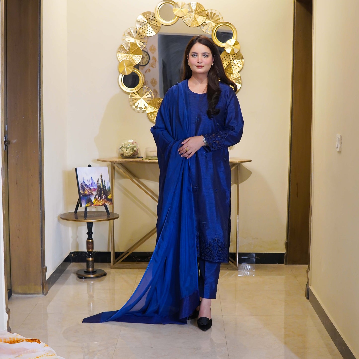 Blue Two Piece Embroidered & Cutwork Design Stitched - Menaalpret