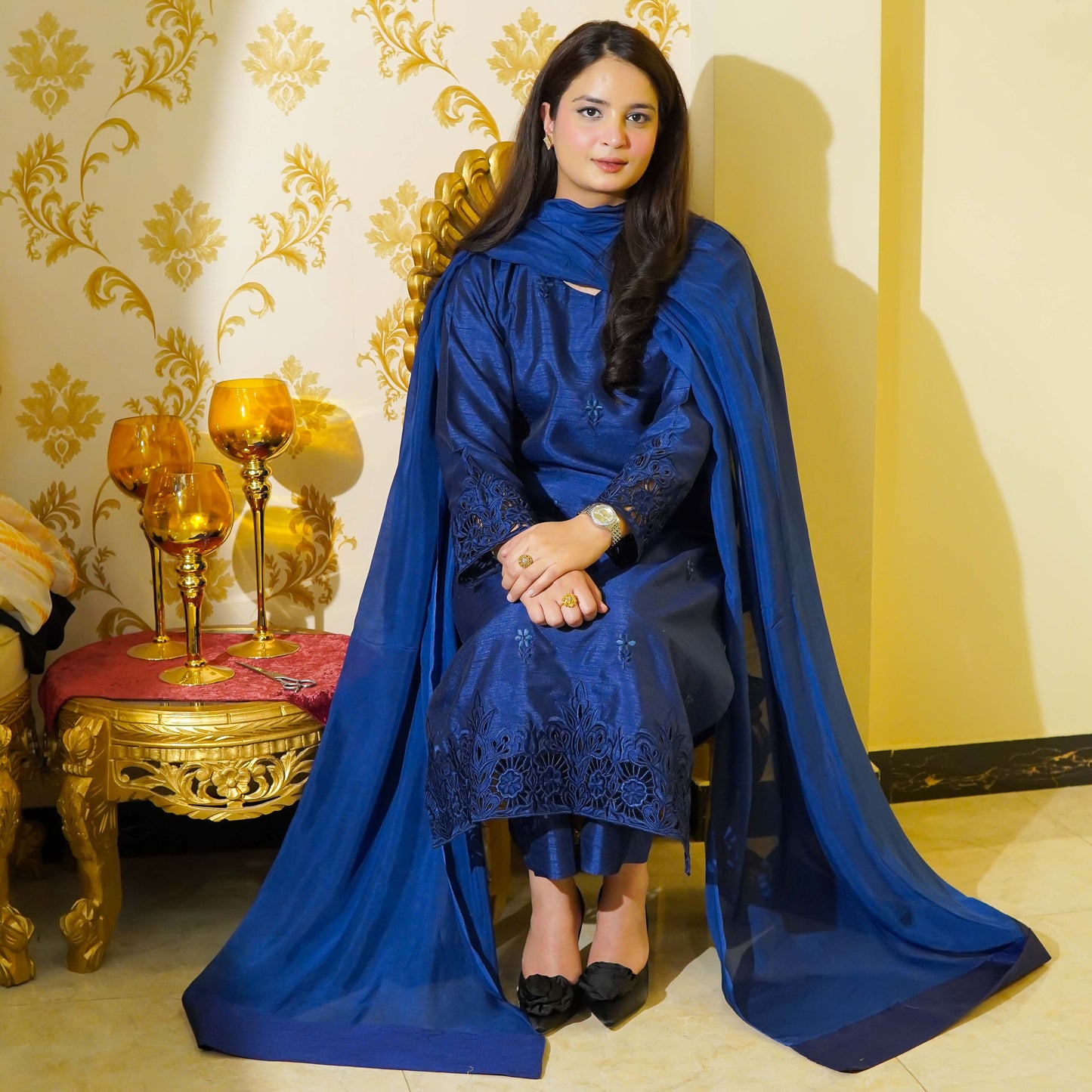 Blue Two Piece Embroidered & Cutwork Design Stitched - Menaalpret