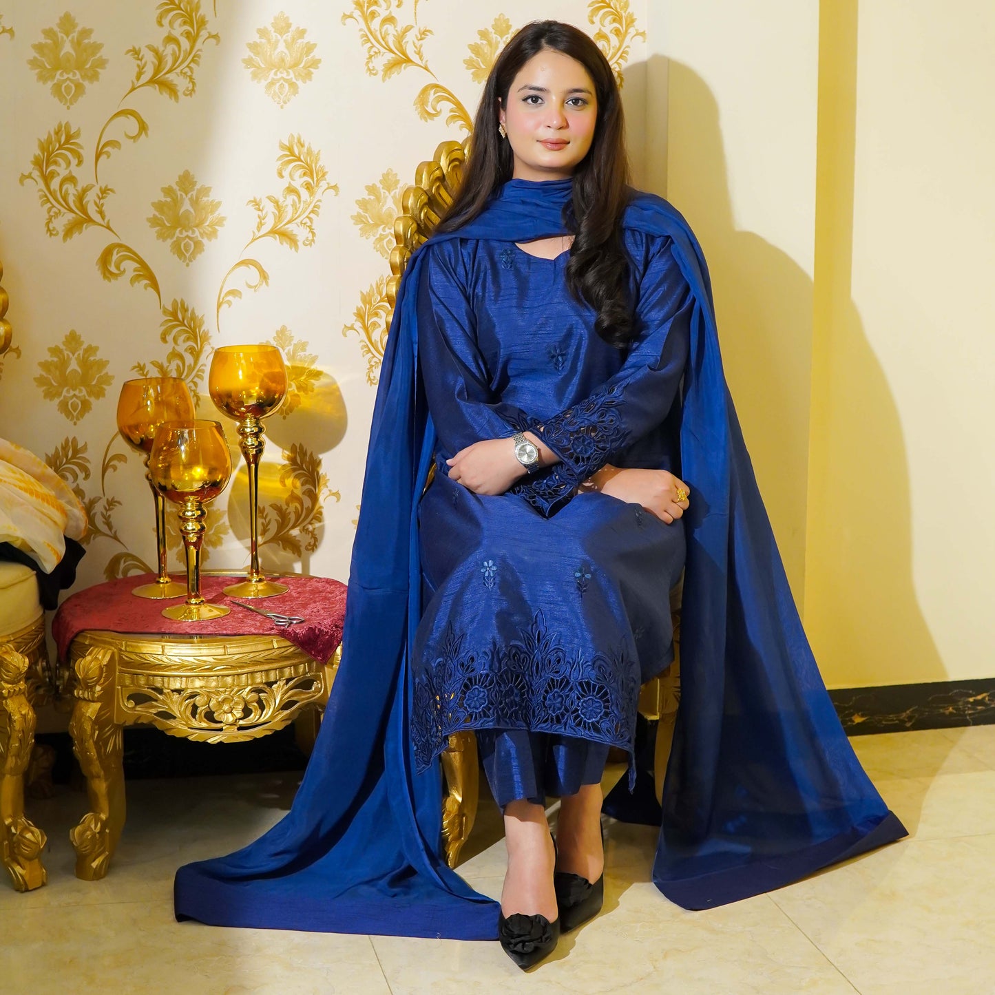 Blue Two Piece Embroidered & Cutwork Design Stitched - Menaalpret