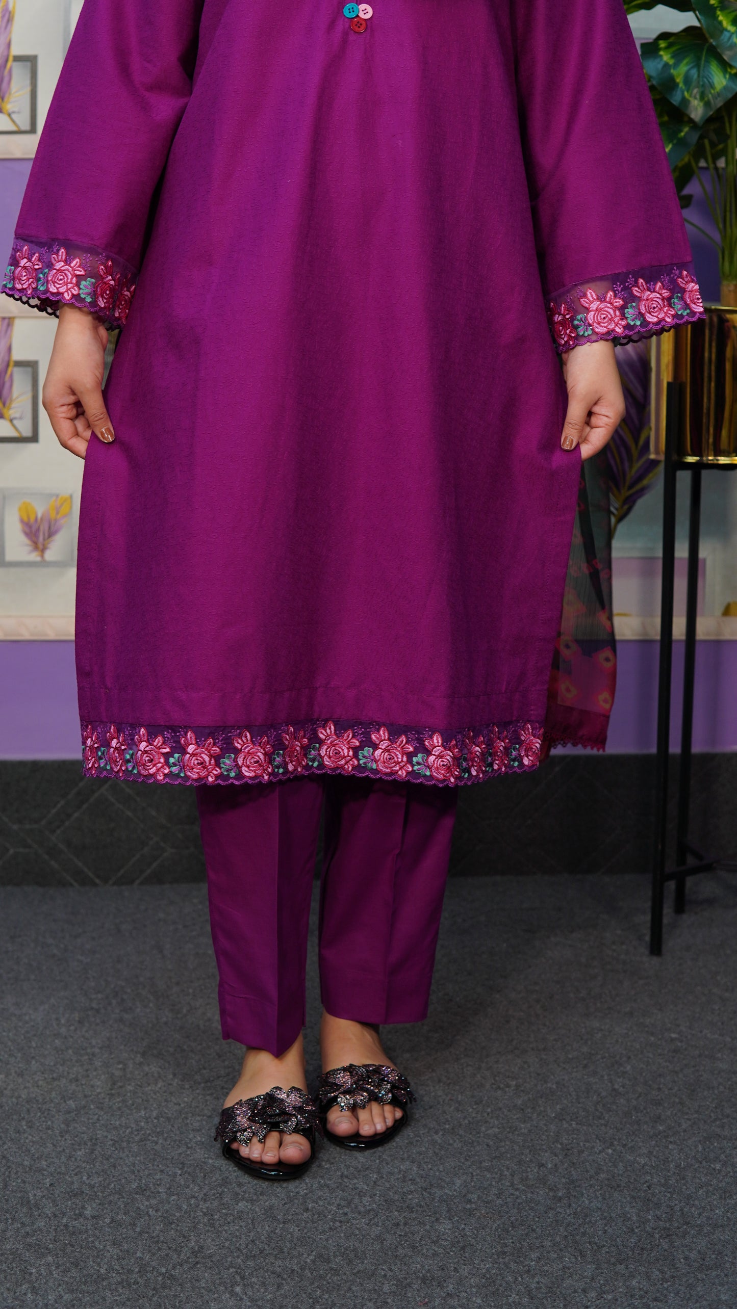 Elegant Two-Piece Purple Chikan Kari Suit | Embroidered Patches & Stitched Outfit - Menaalpret