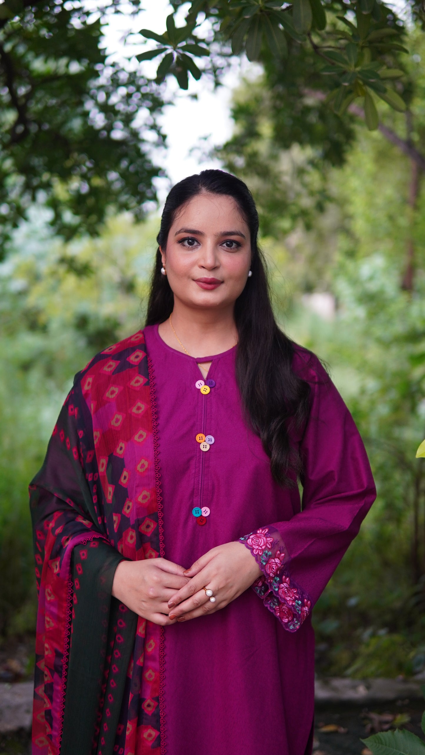 Elegant Two-Piece Purple Chikan Kari Suit | Embroidered Patches & Stitched Outfit - Menaalpret