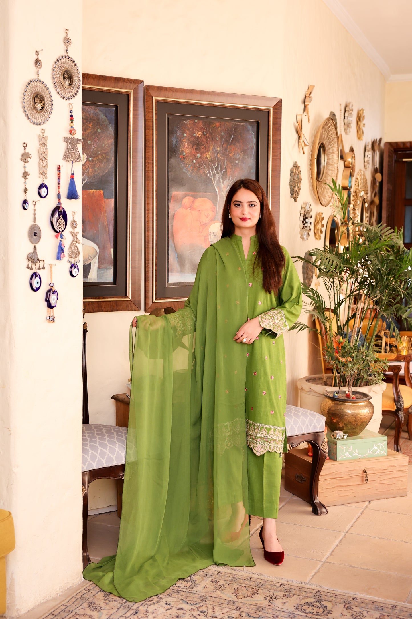2-Piece Olive Green Embroidered Khaddar Stitched Suit - Menaalpret