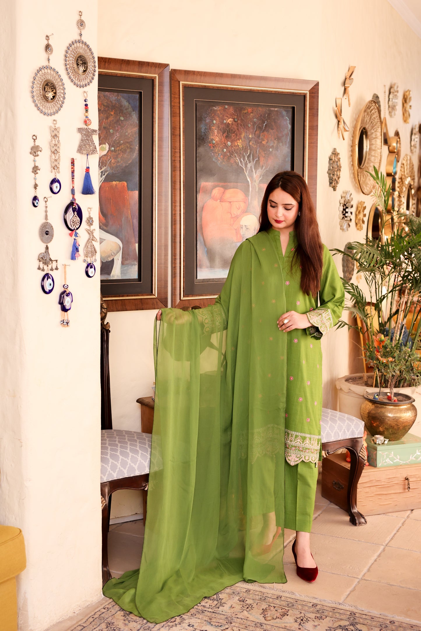 2-Piece Olive Green Embroidered Khaddar Stitched Suit - Menaalpret