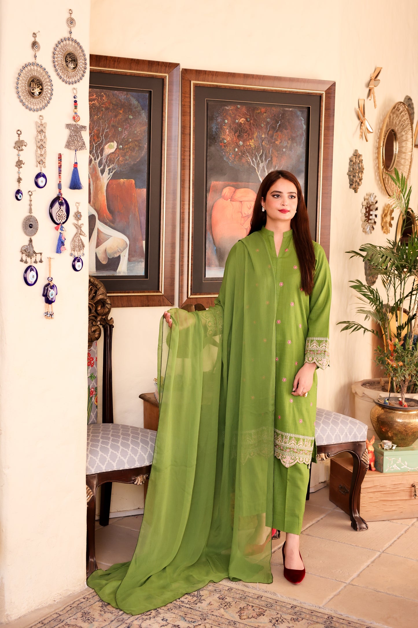 2-Piece Olive Green Embroidered Khaddar Stitched Suit - Menaalpret