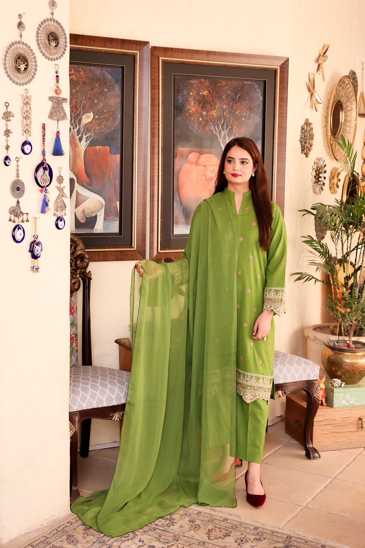 2-Piece Olive Green Embroidered Khaddar Stitched Suit - Menaalpret