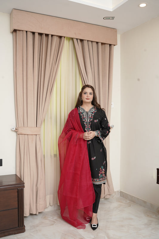 Luxury 3-Piece Black Suit – Multi-Color Embroidery & Khadi Net Dupatta