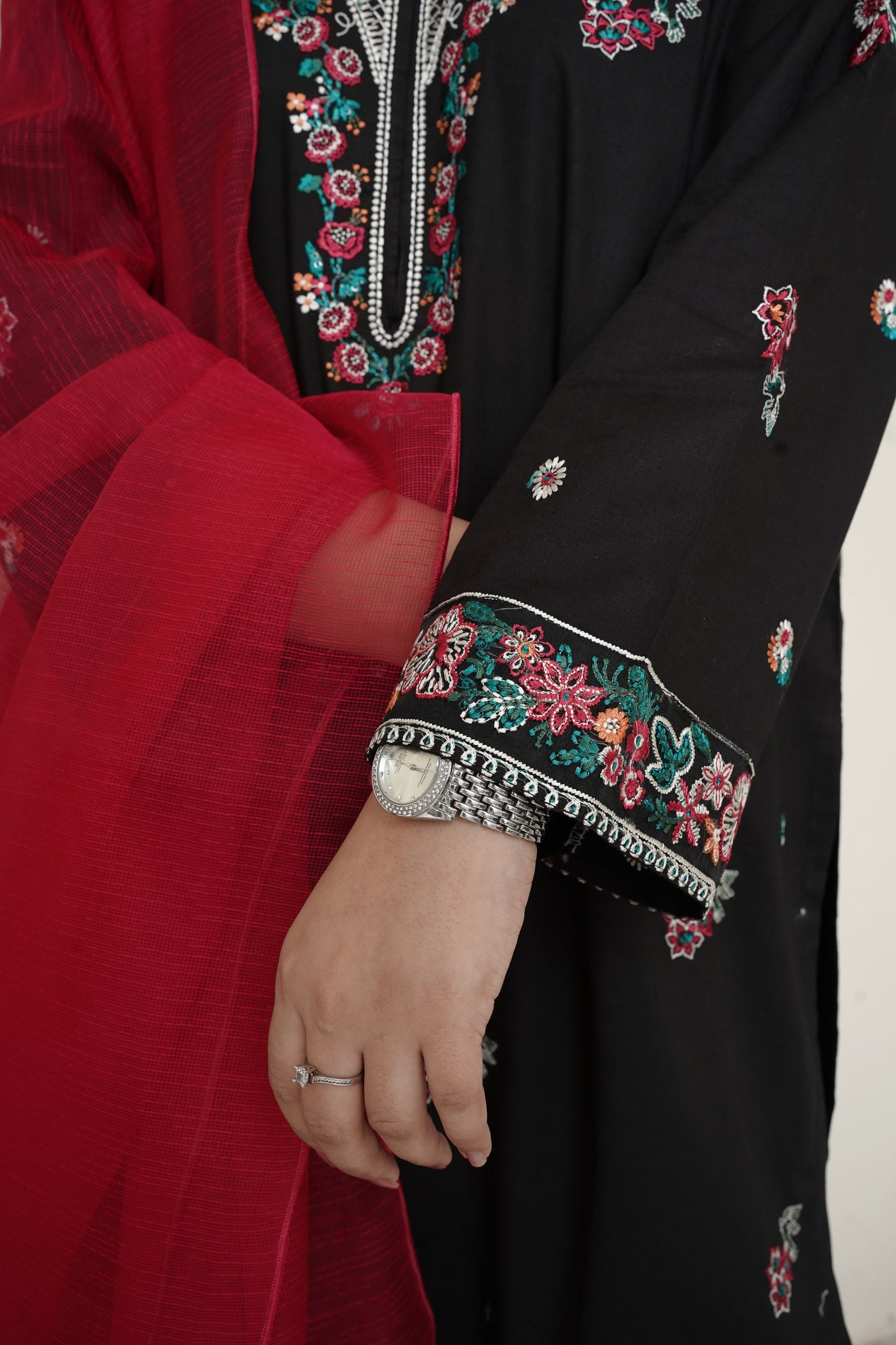 Luxury 3-Piece Black Suit – Multi-Color Embroidery & Khadi Net Dupatta