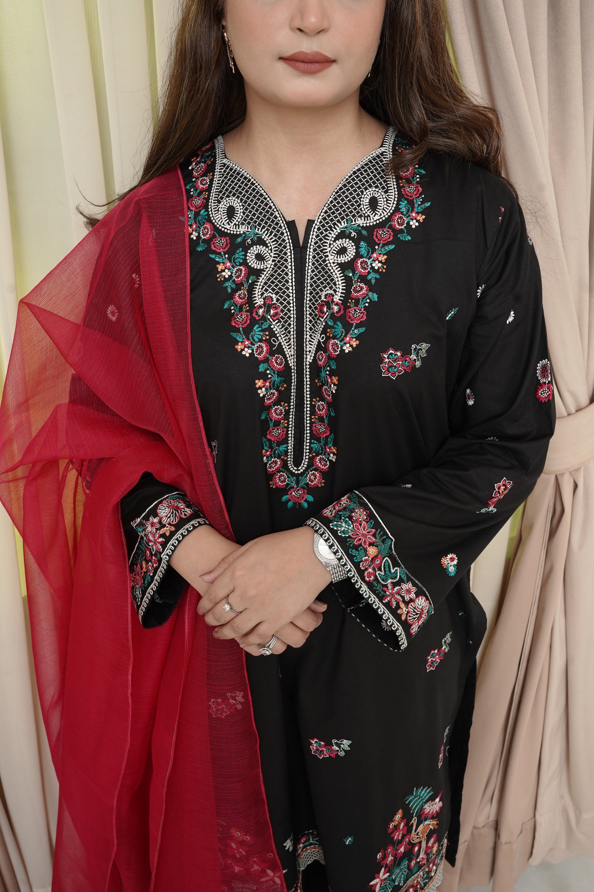 Luxury 3-Piece Black Suit – Multi-Color Embroidery & Khadi Net Dupatta