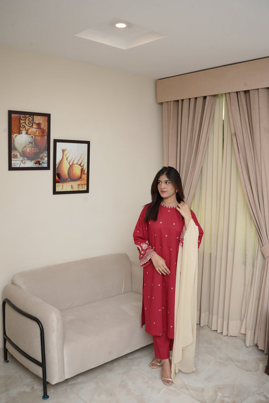 3-Piece Red & Skin Embroidered Suit with Sequin Detailing & Bamber Chiffon Dupatta
