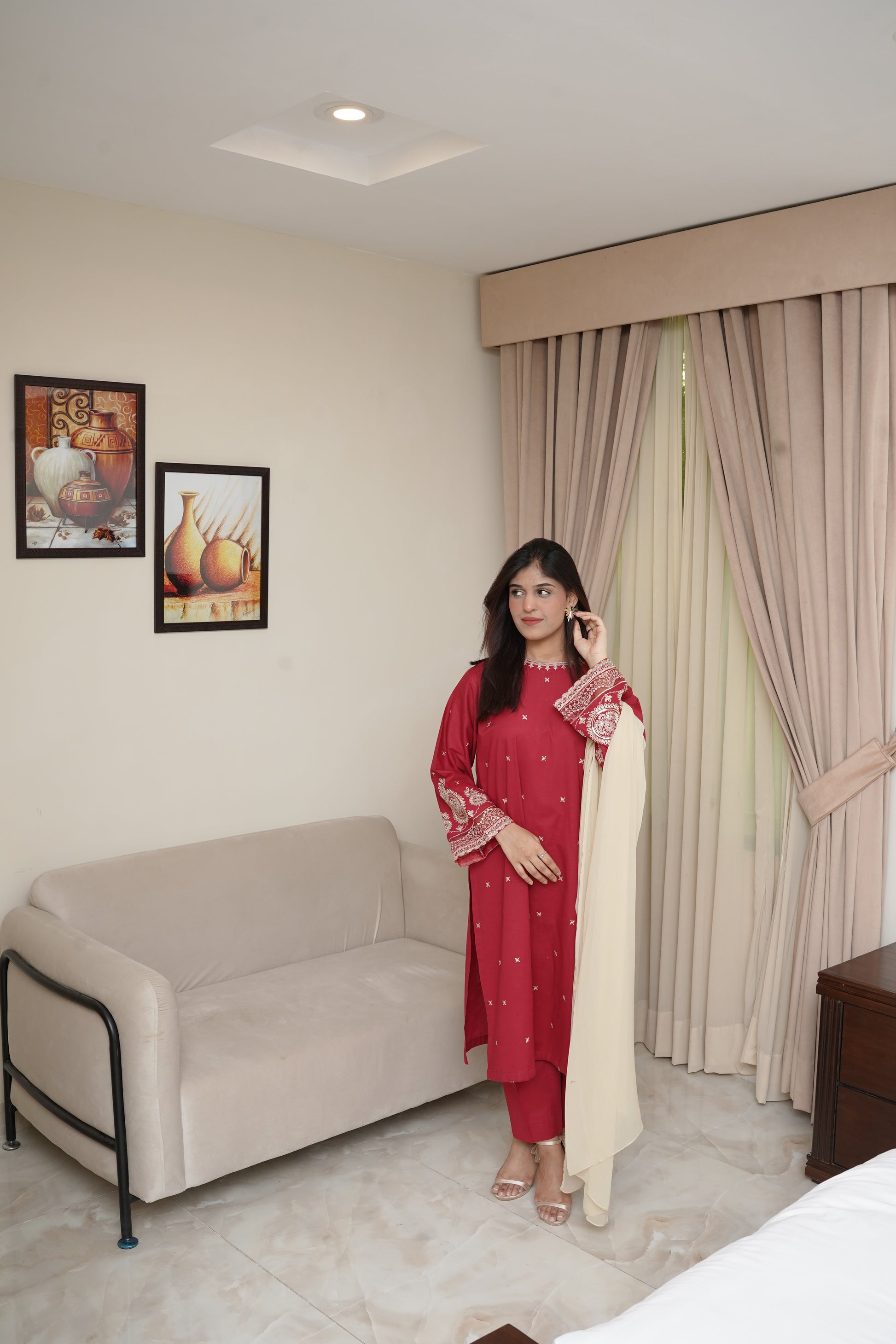 3-Piece Red & Skin Embroidered Suit with Sequin Detailing & Bamber Chiffon Dupatta