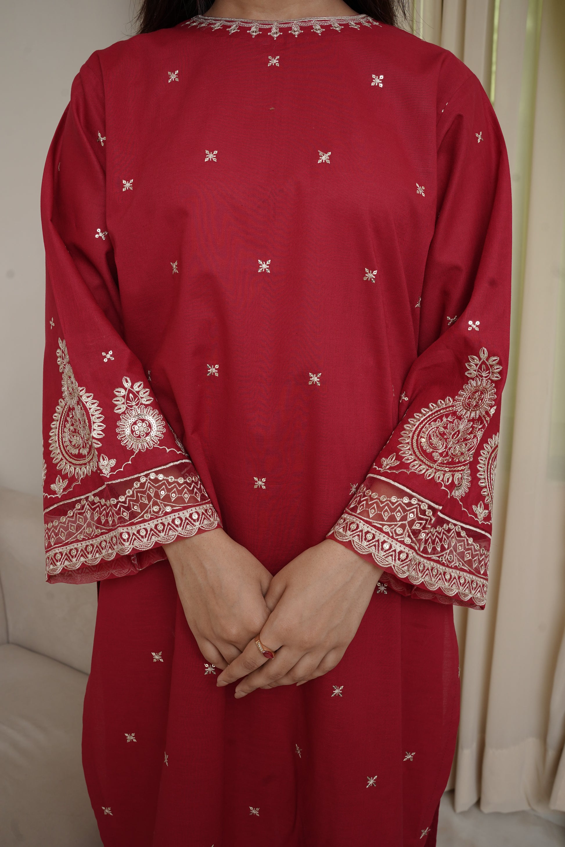 3-Piece Red & Skin Embroidered Suit with Sequin Detailing & Bamber Chiffon Dupatta