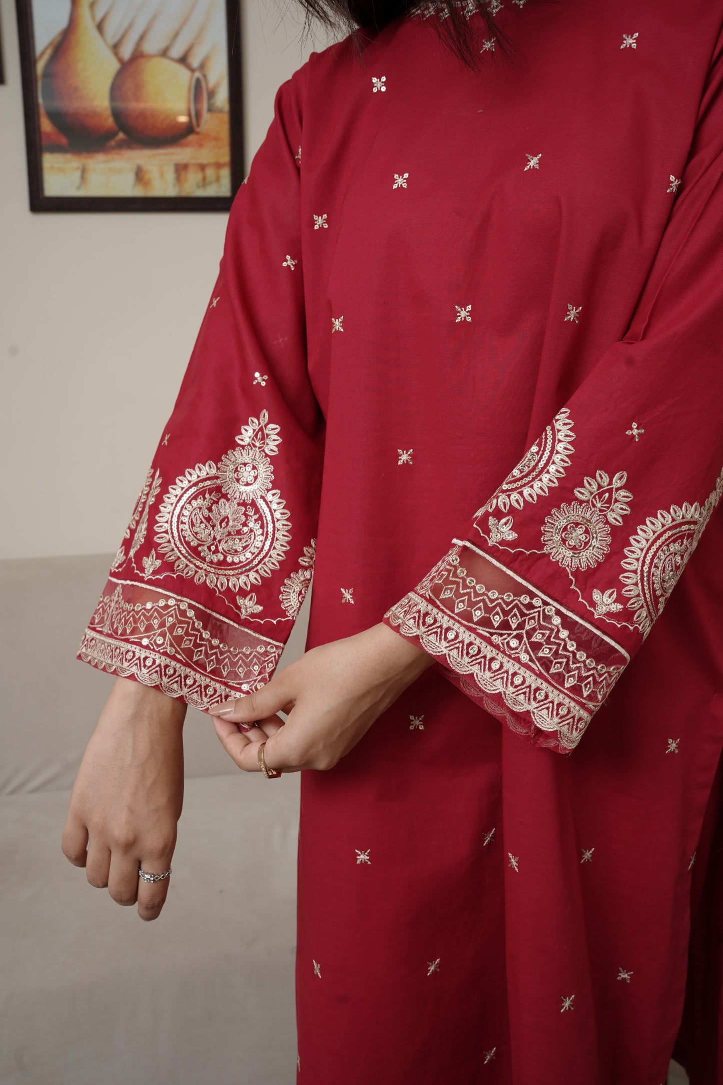 3-Piece Red & Skin Embroidered Suit with Sequin Detailing & Bamber Chiffon Dupatta