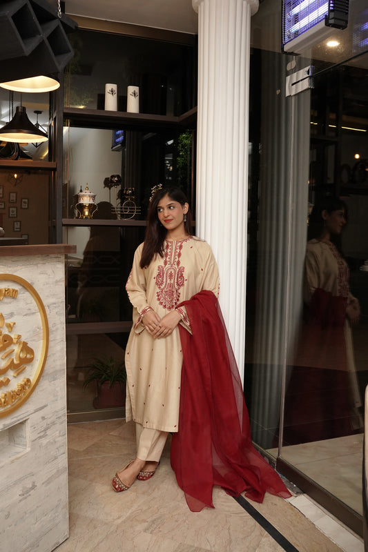 3-Piece Skin & Maroon Embroidered Suit with Sequin Detailing & Khadi Net Dupatta