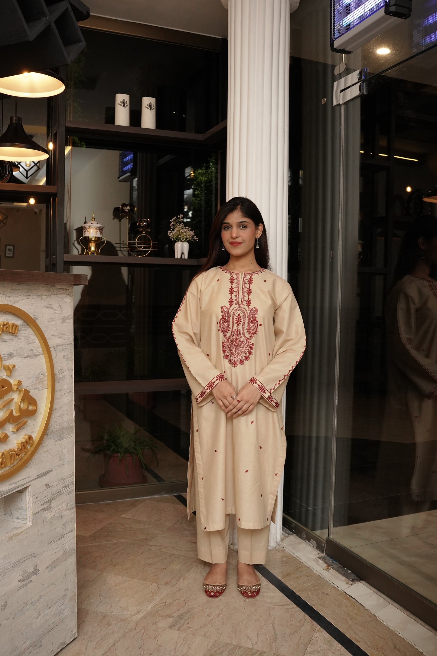 3-Piece Skin & Maroon Embroidered Suit with Sequin Detailing & Khadi Net Dupatta