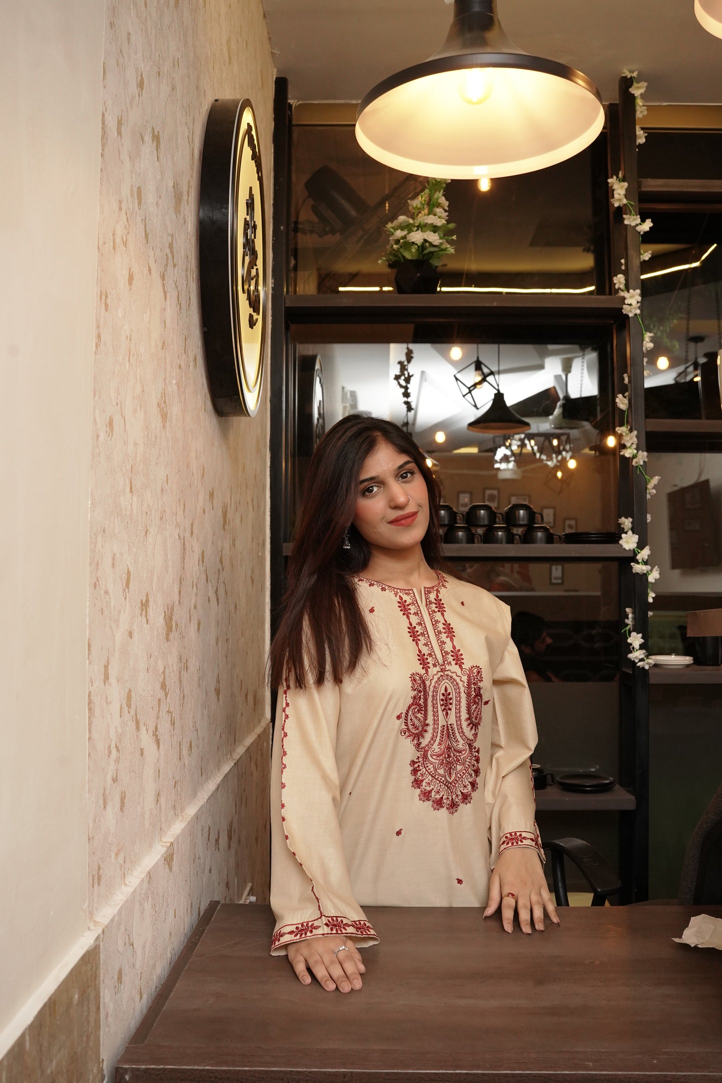 3-Piece Skin & Maroon Embroidered Suit with Sequin Detailing & Khadi Net Dupatta