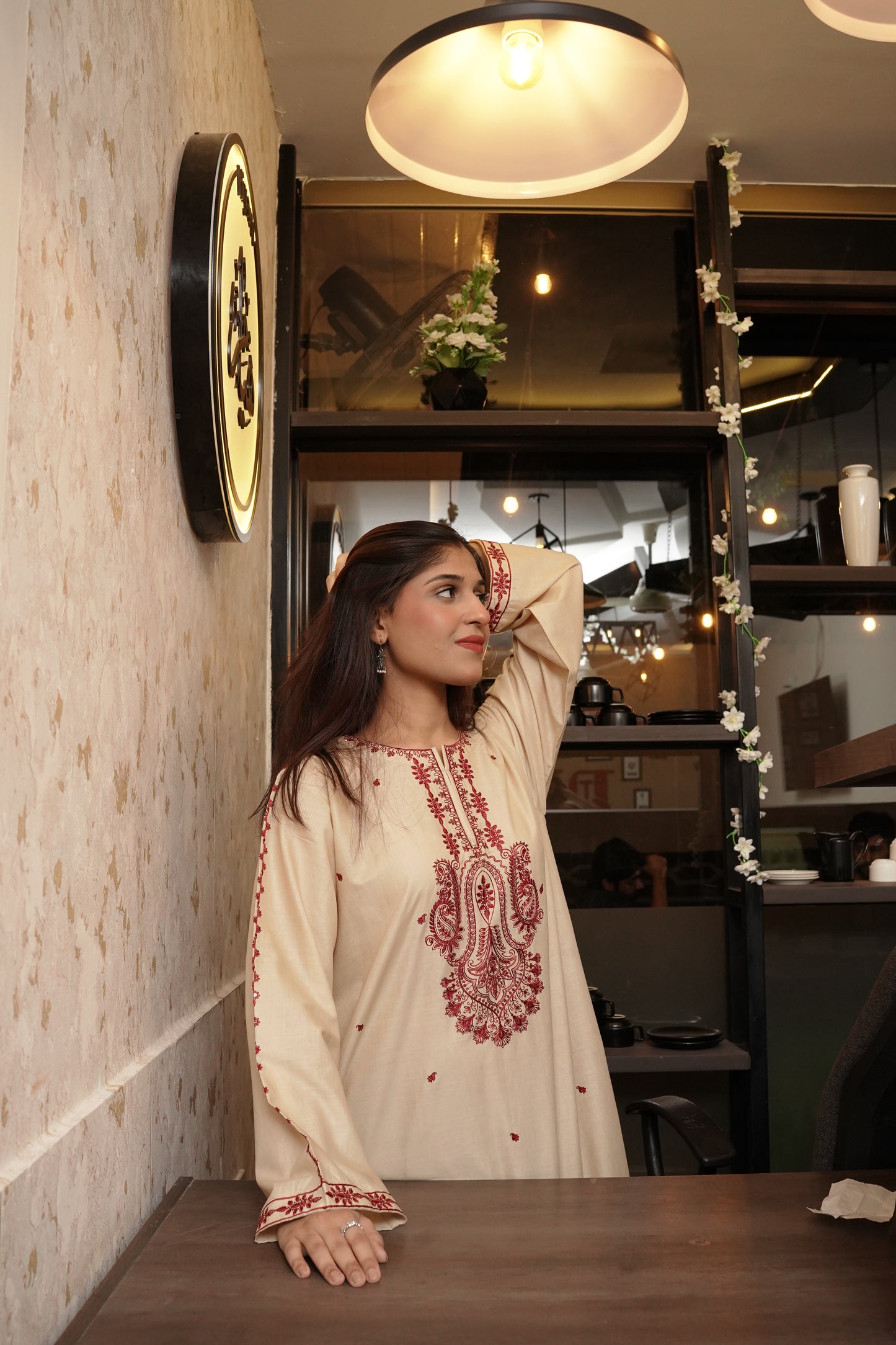 3-Piece Skin & Maroon Embroidered Suit with Sequin Detailing & Khadi Net Dupatta