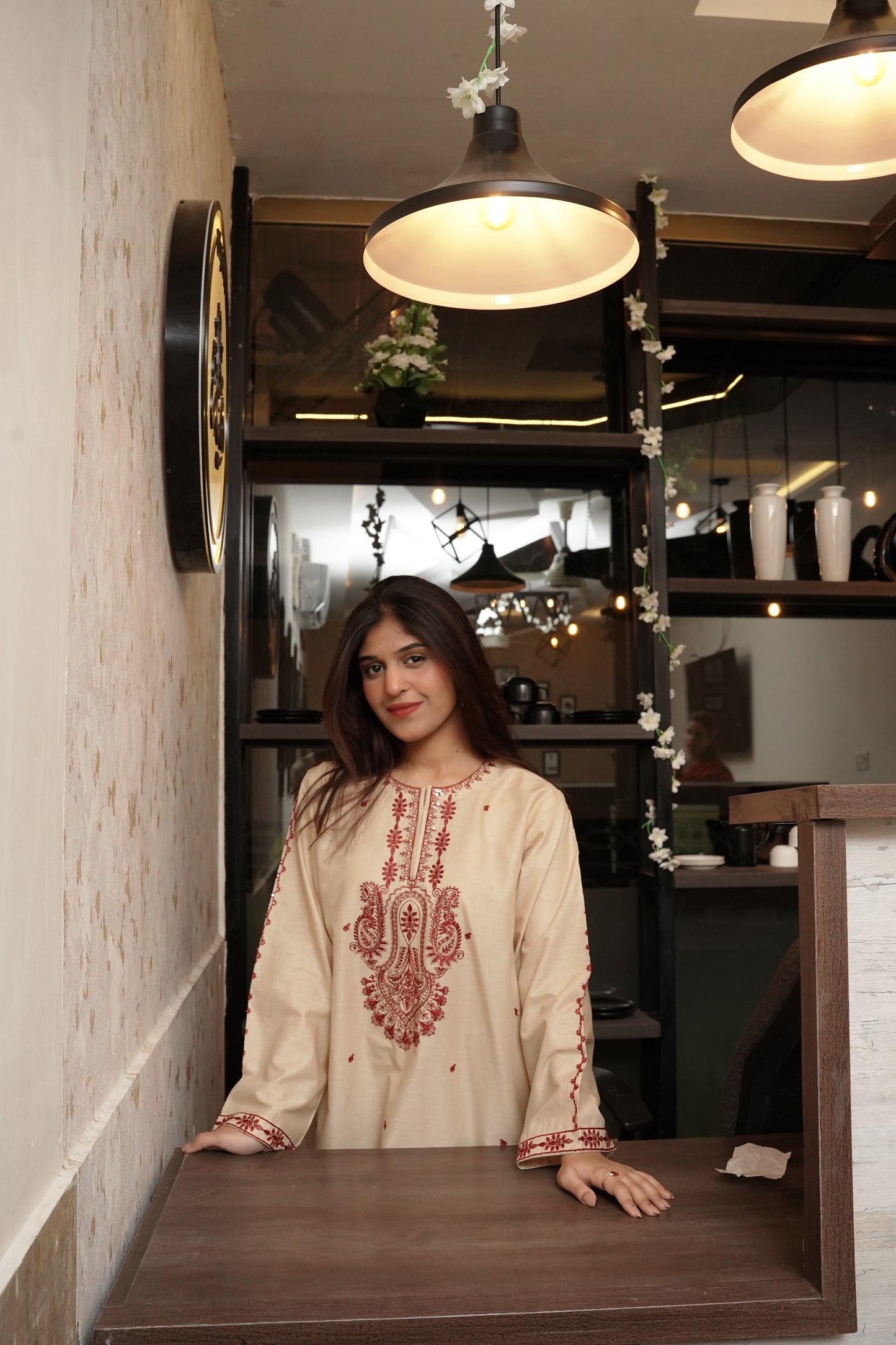 3-Piece Skin & Maroon Embroidered Suit with Sequin Detailing & Khadi Net Dupatta