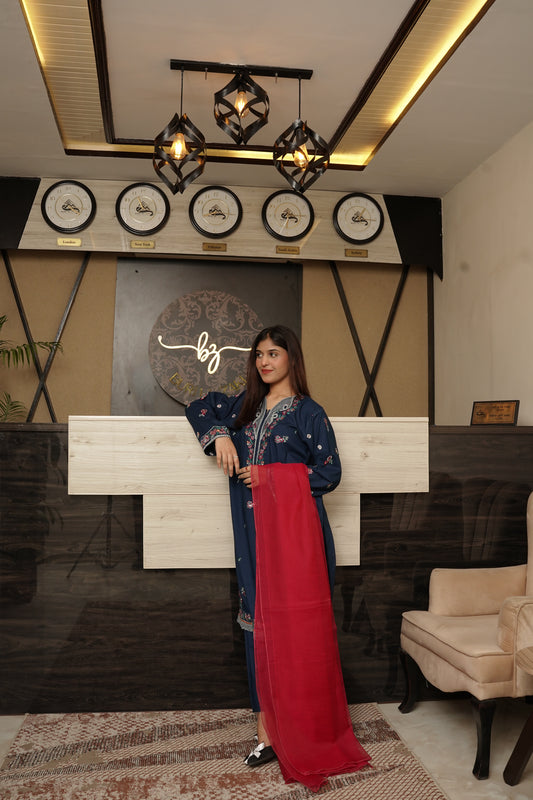 3-Piece Blue Suit with Multi-Color Thread & Sequin Embroidery and Khadi Net Dupatta