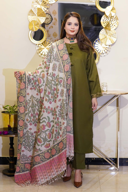 Mehndi Green Two Piece Solid Suit Stitched - Menaalpret