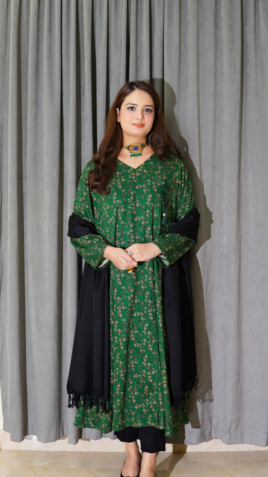 Green Printed Marina Frock Stitched - Menaalpret