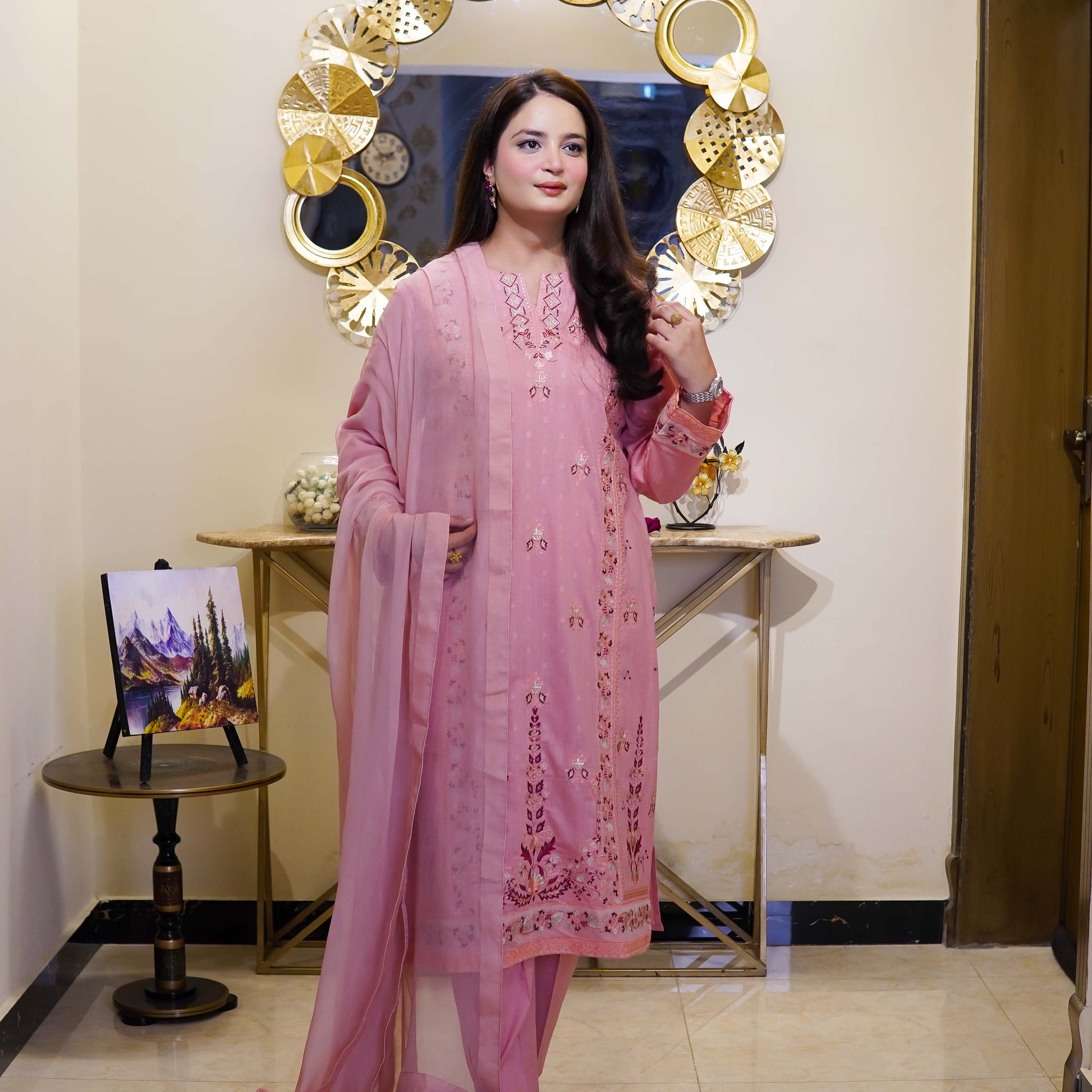 Tea Pink two-piece Embroidered Collection Stitched - Menaalpret