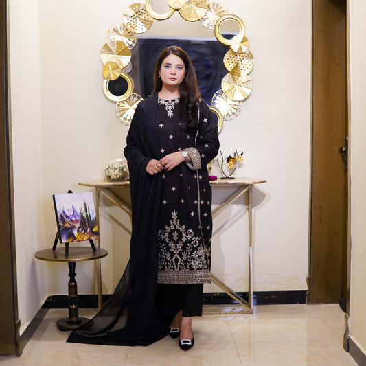 Balck Embroidered Two Piece Design Stitched - Menaalpret