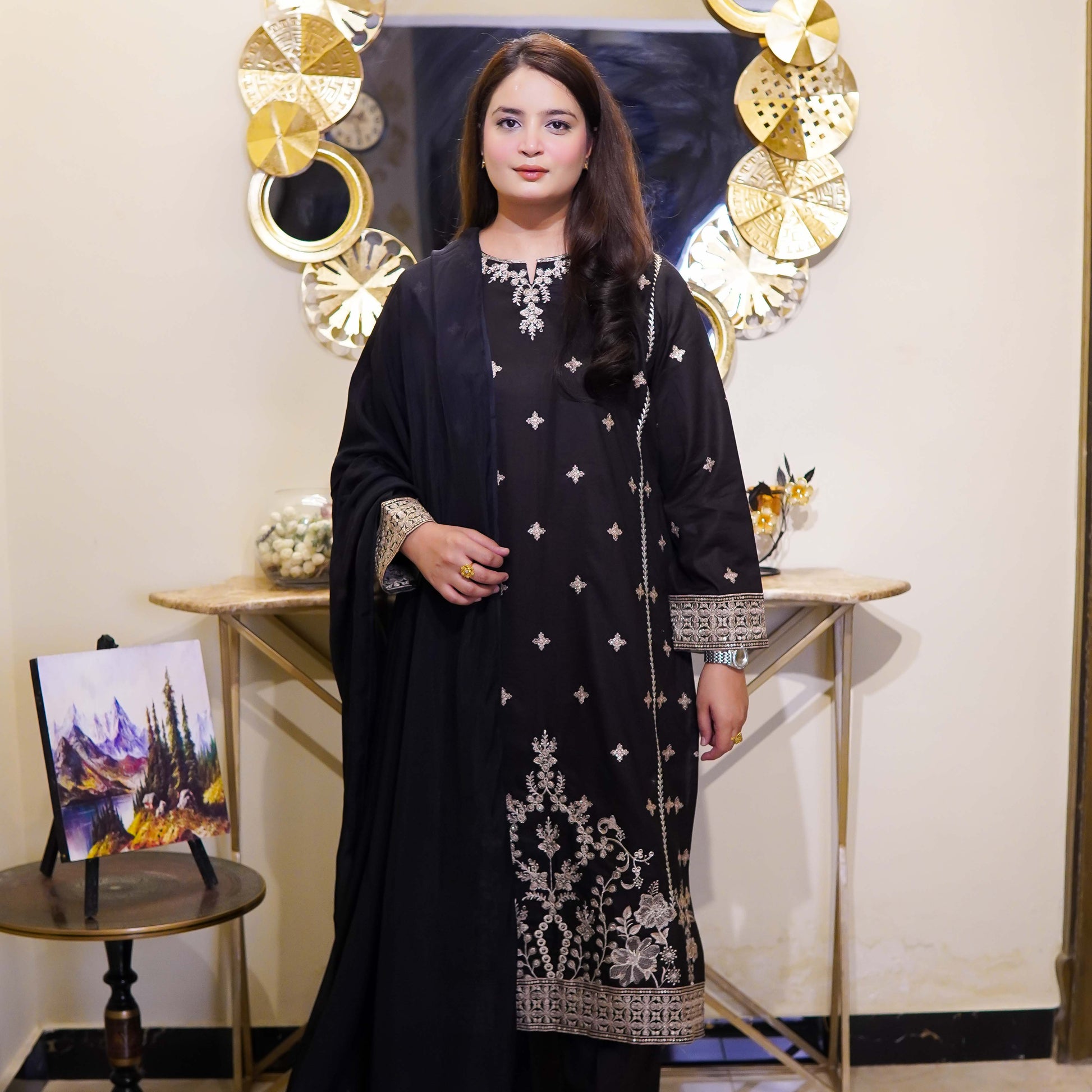 Balck Embroidered Two Piece Design Stitched - Menaalpret