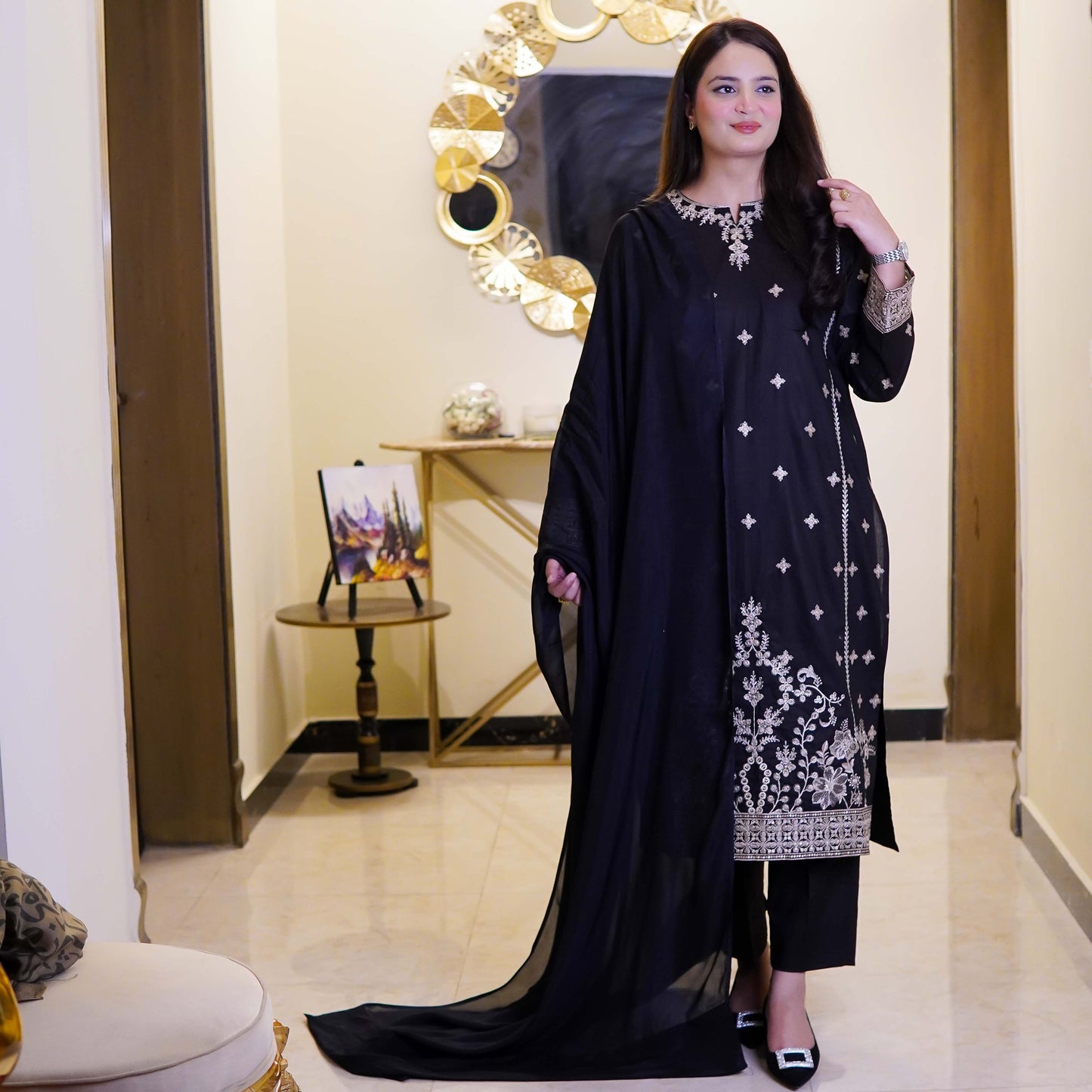 Balck Embroidered Two Piece Design Stitched - Menaalpret