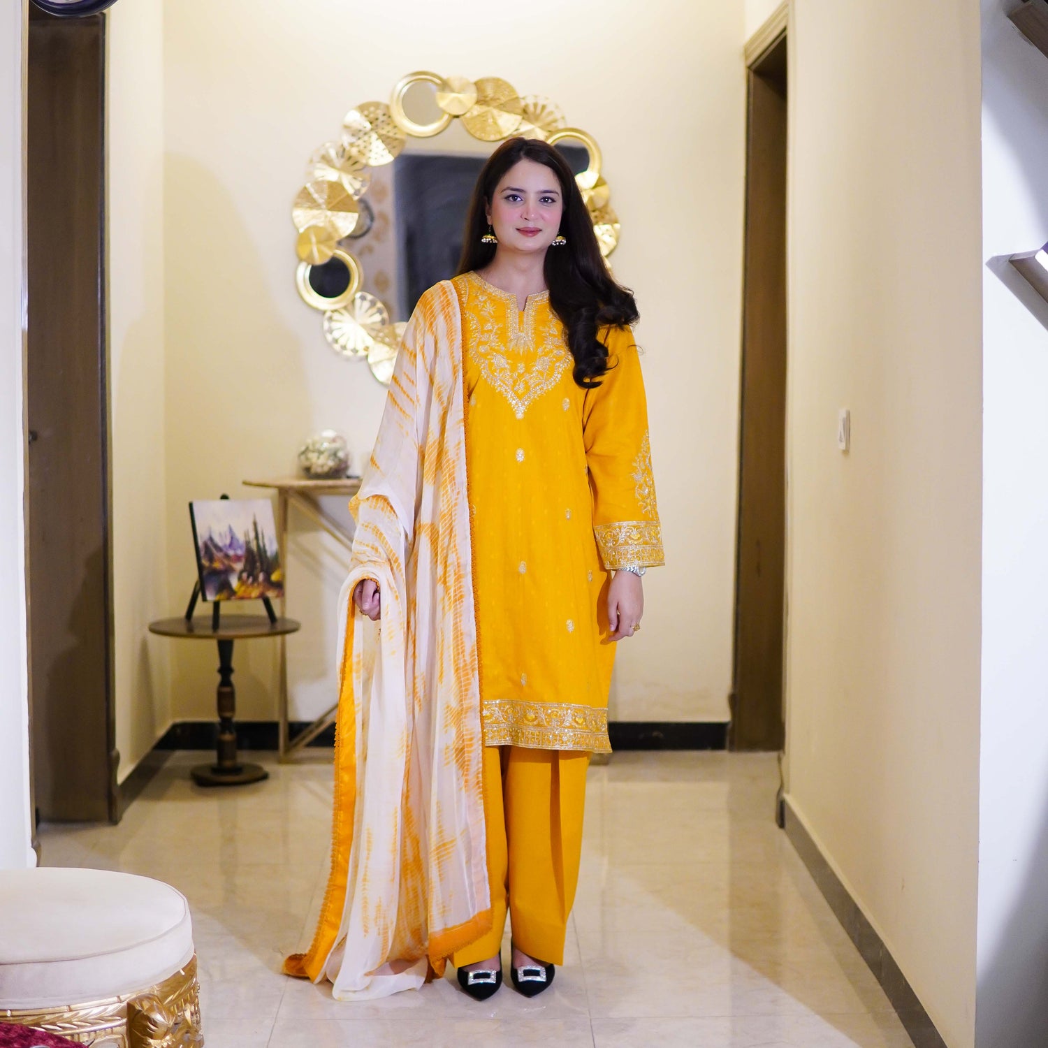 Yellow Two piece Embroidered Farshi Shalwar Design Stitched - Menaalpret