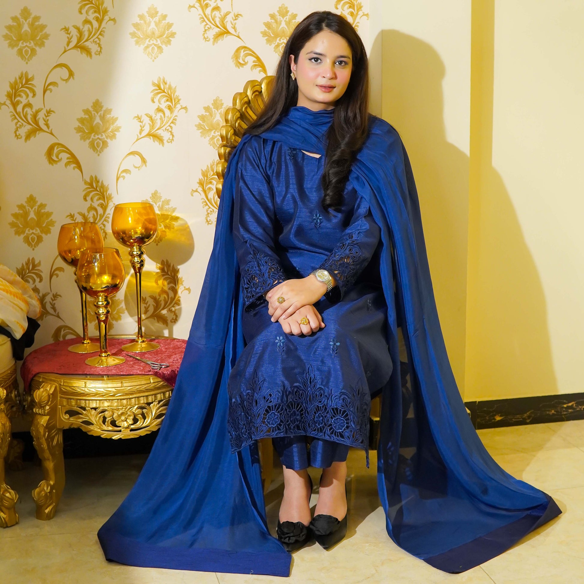 Blue Two Piece Embroidered & Cutwork Design Stitched - Menaalpret