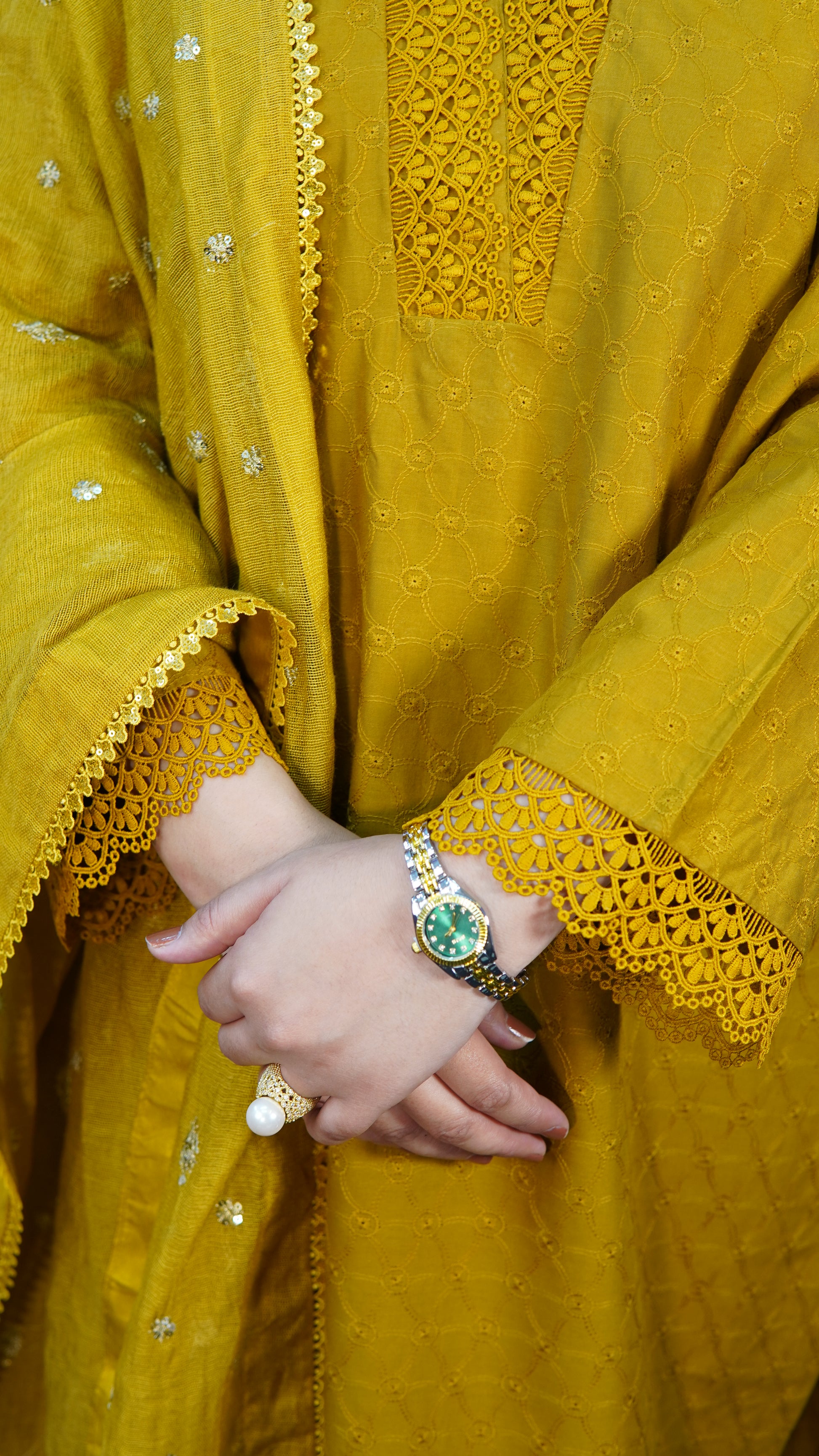 Two Piece Chikan Kari Solid Suit with Lace Embellishment | Stitched Women’s Ethnic Wear - Menaalpret