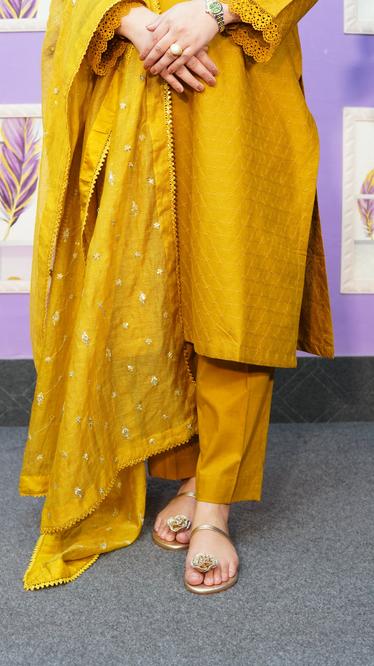 Two Piece Chikan Kari Solid Suit with Lace Embellishment | Stitched Women’s Ethnic Wear - Menaalpret