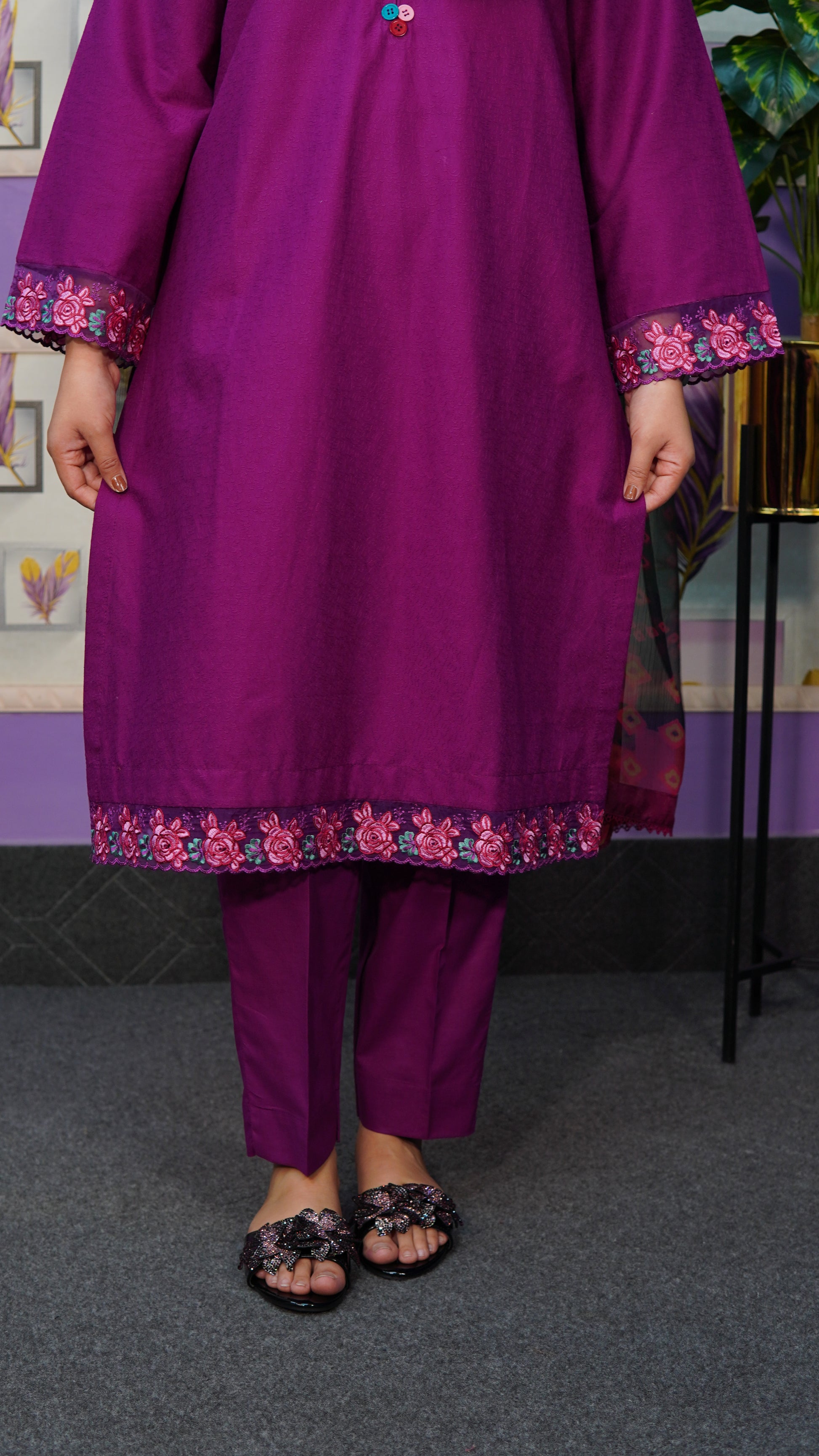 Elegant Two-Piece Purple Chikan Kari Suit | Embroidered Patches & Stitched Outfit - Menaalpret