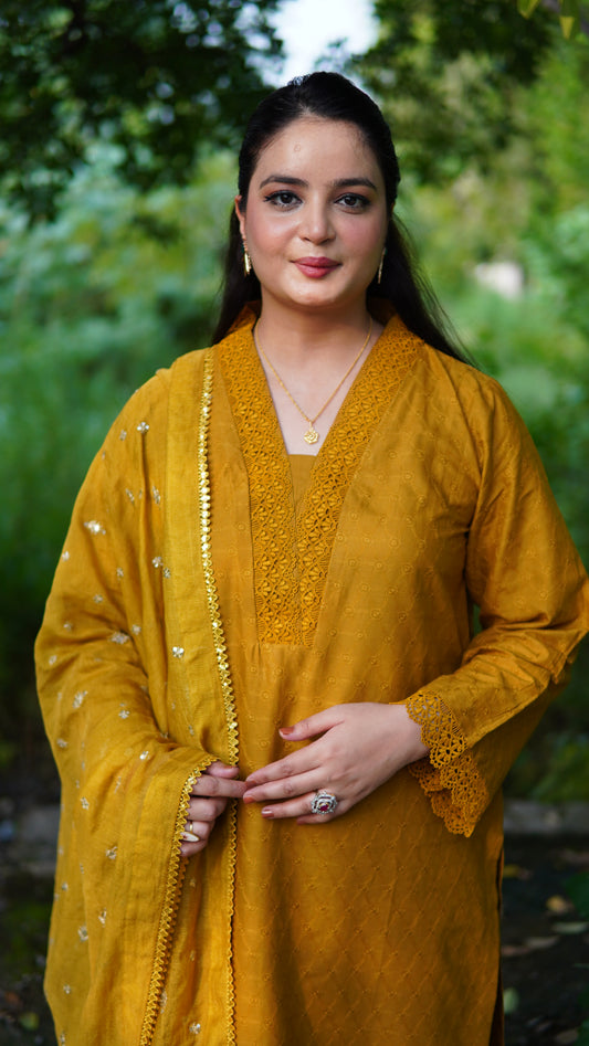 Two Piece Chikan Kari Solid Suit with Lace Embellishment | Stitched Women’s Ethnic Wear - Menaalpret