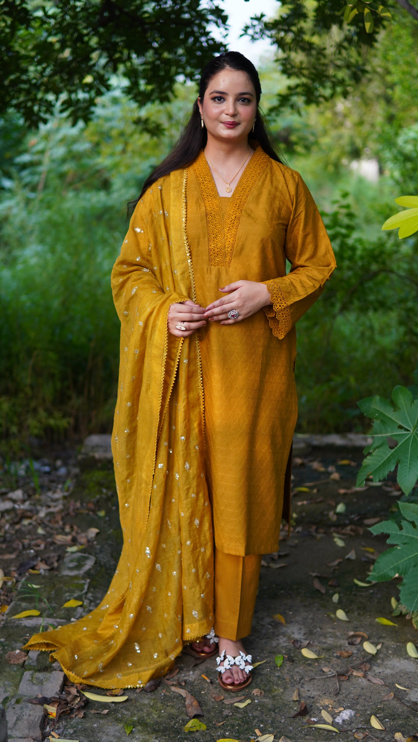 Two Piece Chikan Kari Solid Suit with Lace Embellishment | Stitched Women’s Ethnic Wear - Menaalpret