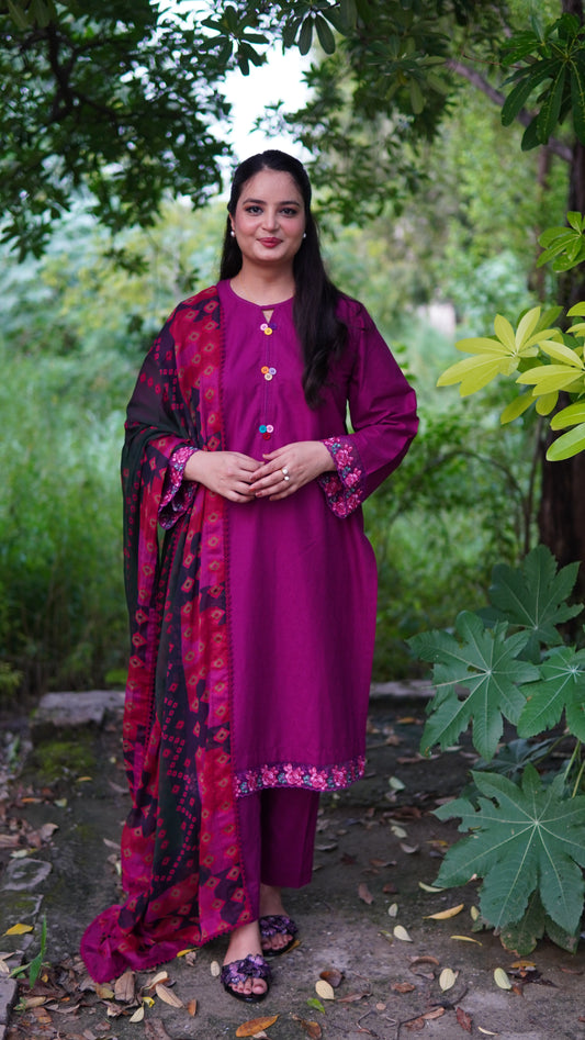 Elegant Two-Piece Purple Chikan Kari Suit | Embroidered Patches & Stitched Outfit - Menaalpret