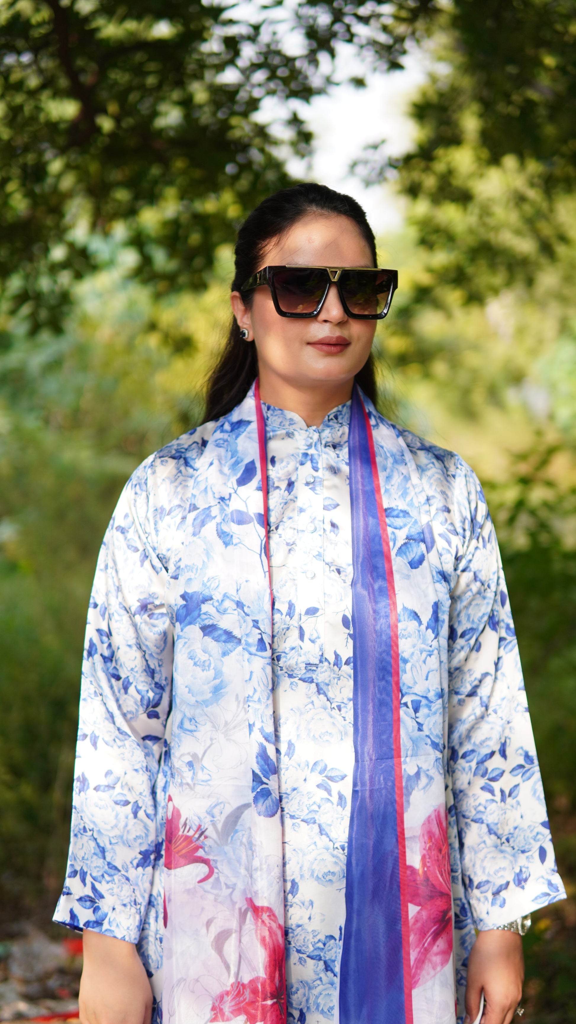 3 Piece Premium Blue Floral Silk Suit with Silk Dupatta – Luxury Ready to Wear - Menaalpret