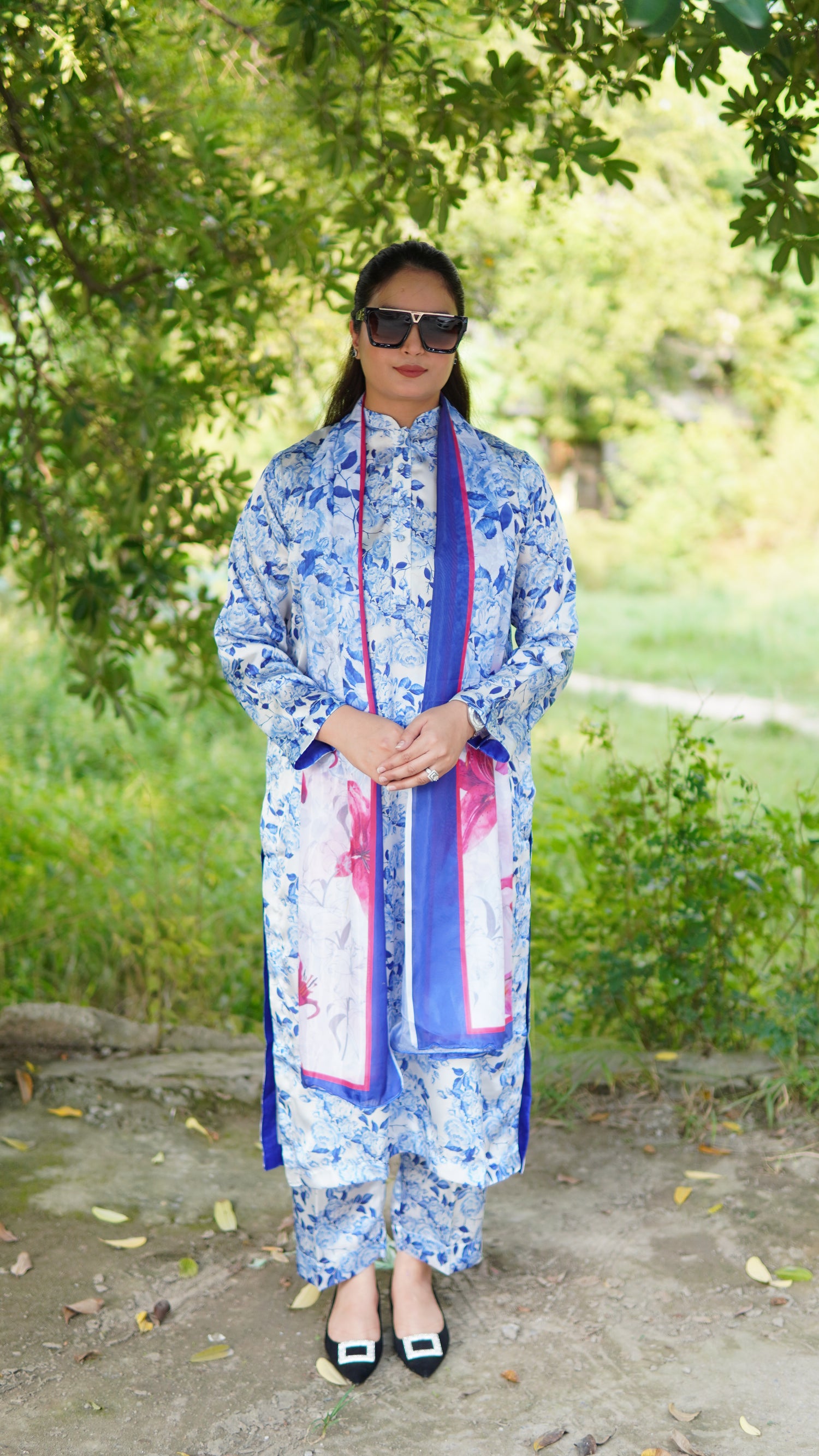 3 Piece Premium Blue Floral Silk Suit with Silk Dupatta – Luxury Ready to Wear - Menaalpret