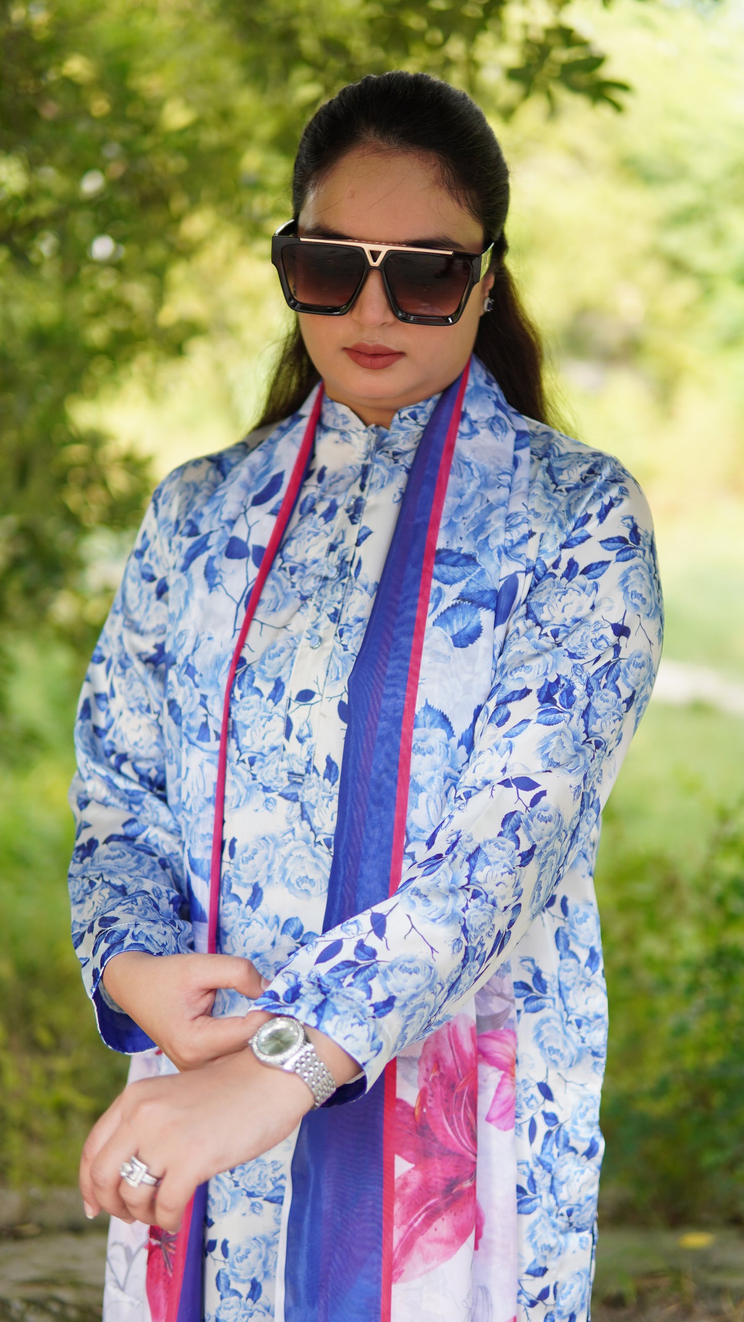 3 Piece Premium Blue Floral Silk Suit with Silk Dupatta – Luxury Ready to Wear - Menaalpret