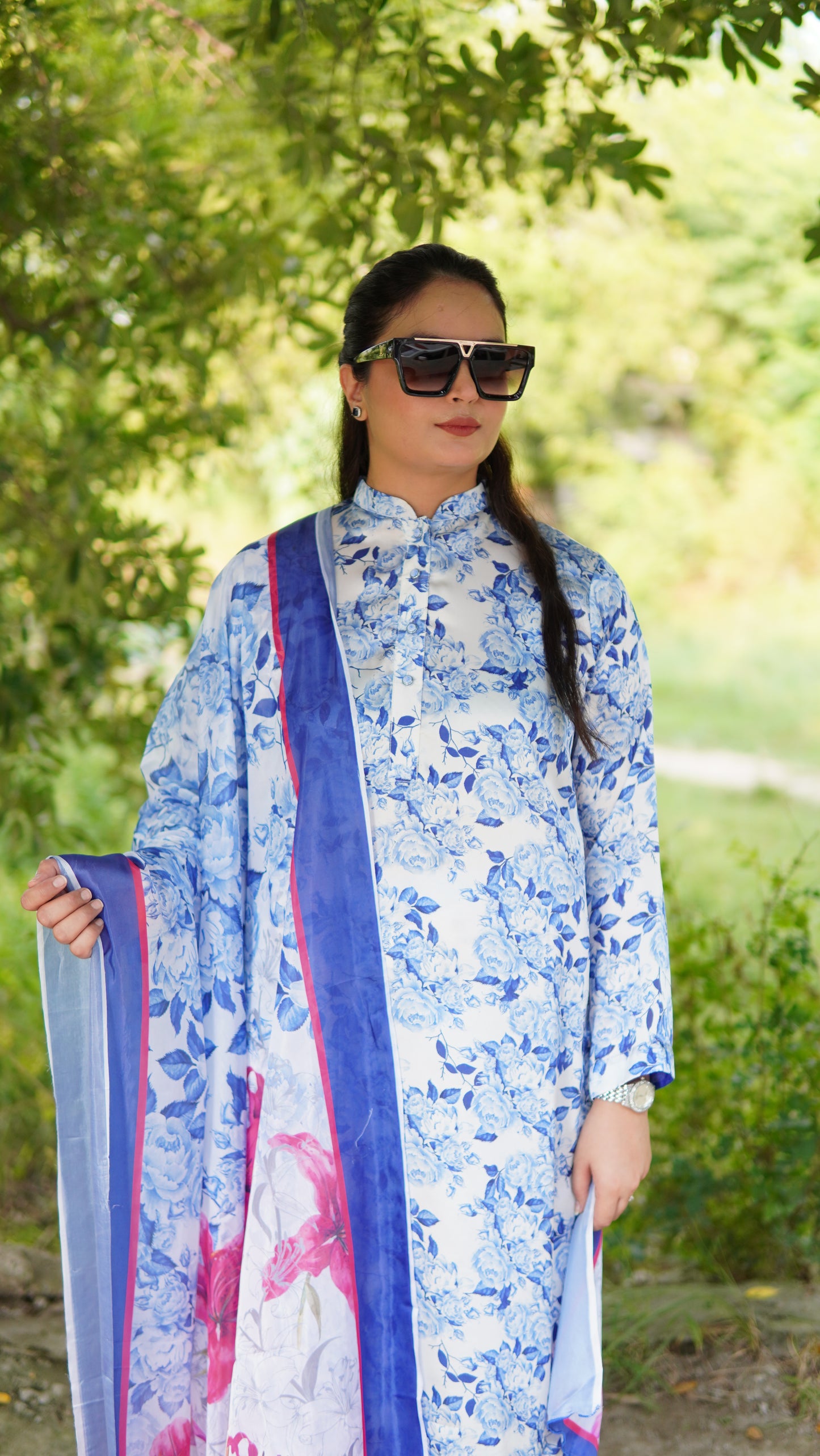 3 Piece Premium Blue Floral Silk Suit with Silk Dupatta – Luxury Ready to Wear - Menaalpret