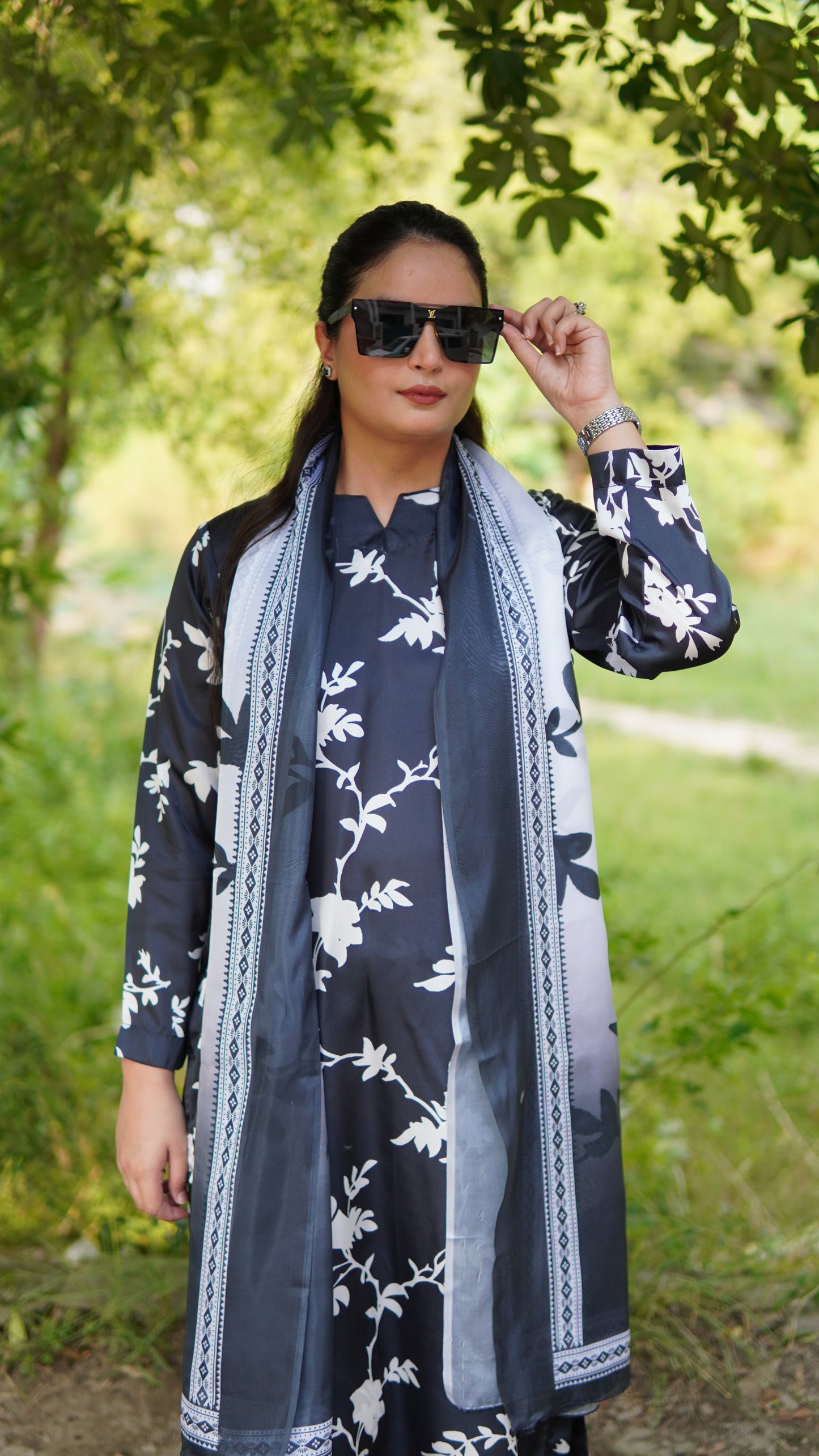 Premium Black & White Floral Silk 3 Piece Stitched Suit with Silk Dupatta - Menaalpret
