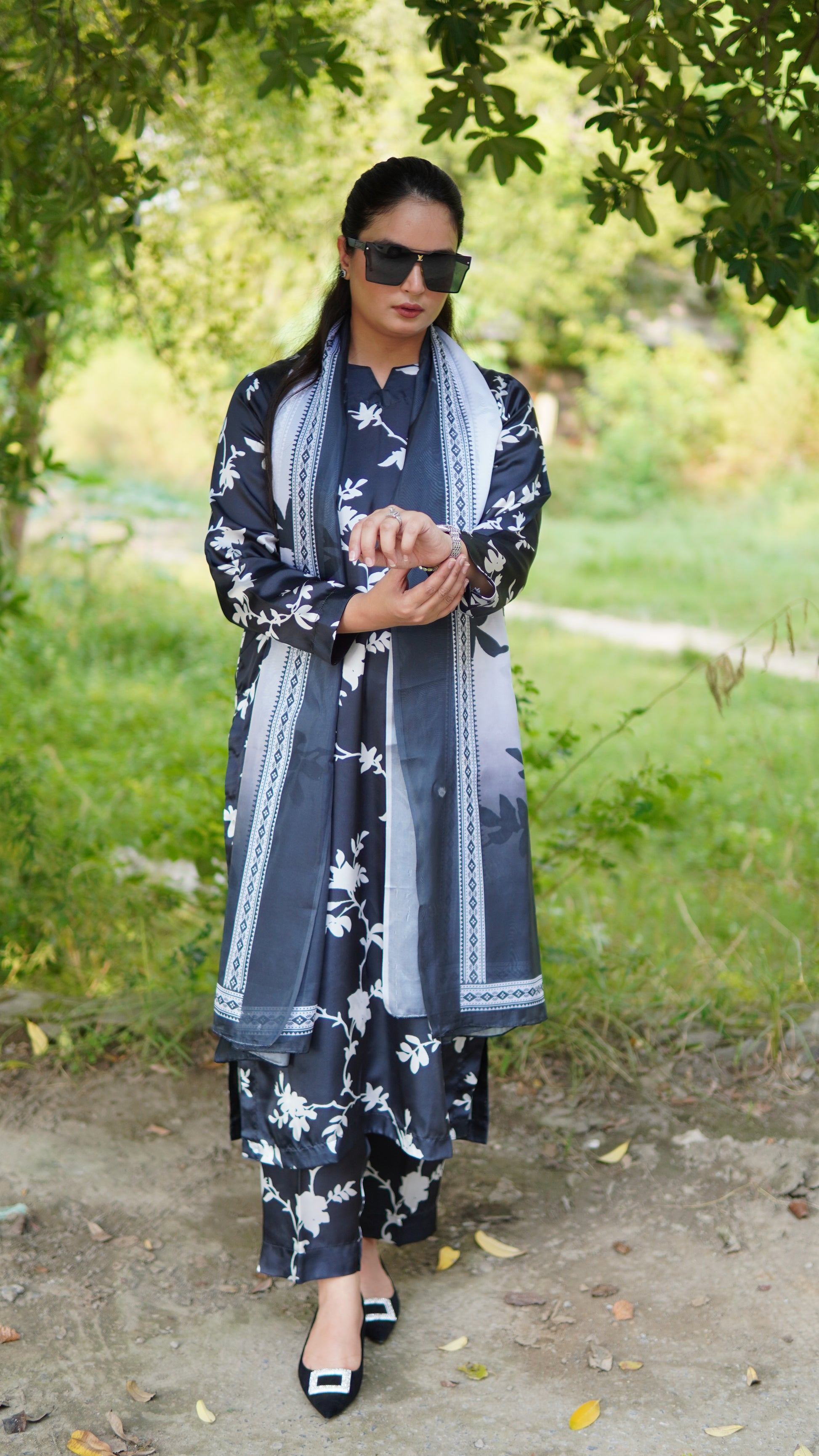 Premium Black & White Floral Silk 3 Piece Stitched Suit with Silk Dupatta - Menaalpret
