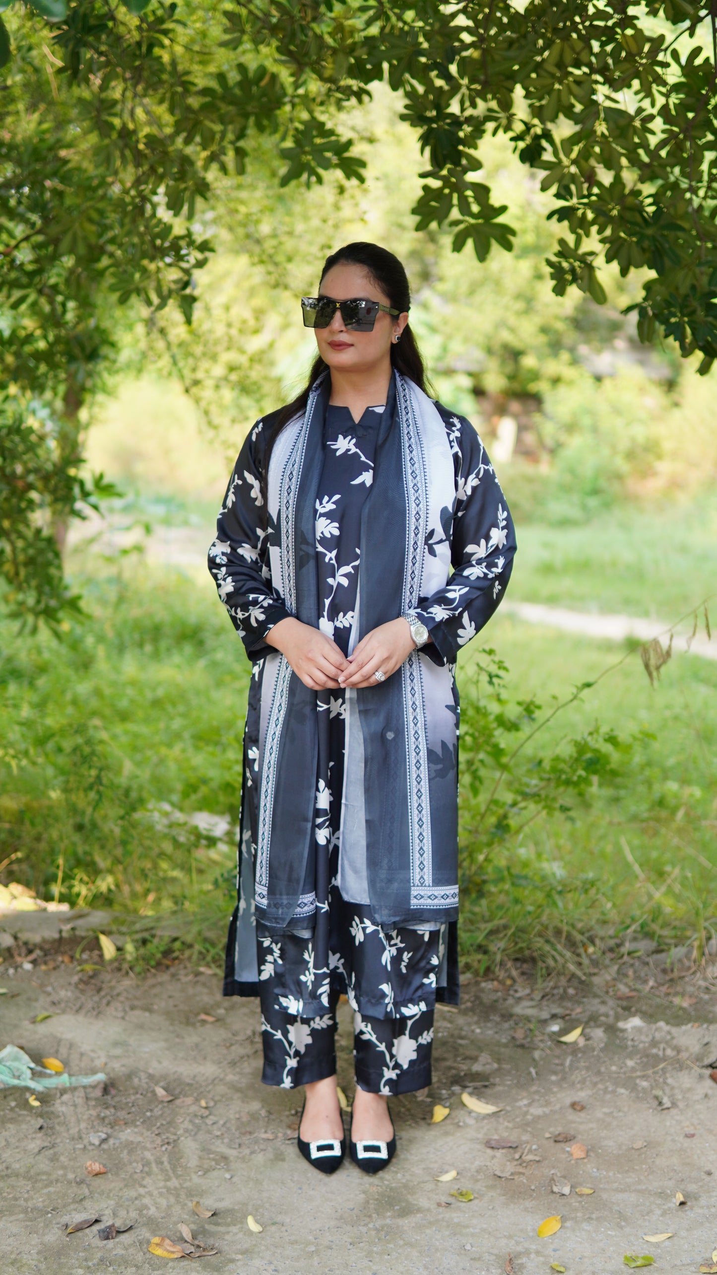 Premium Black & White Floral Silk 3 Piece Stitched Suit with Silk Dupatta - Menaalpret
