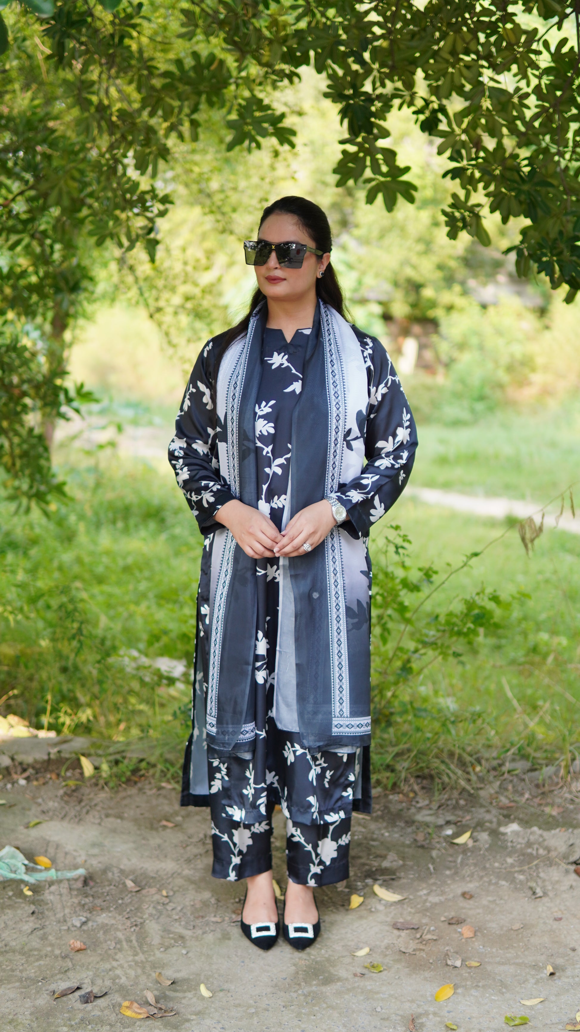Premium Black & White Floral Silk 3 Piece Stitched Suit with Silk Dupatta - Menaalpret