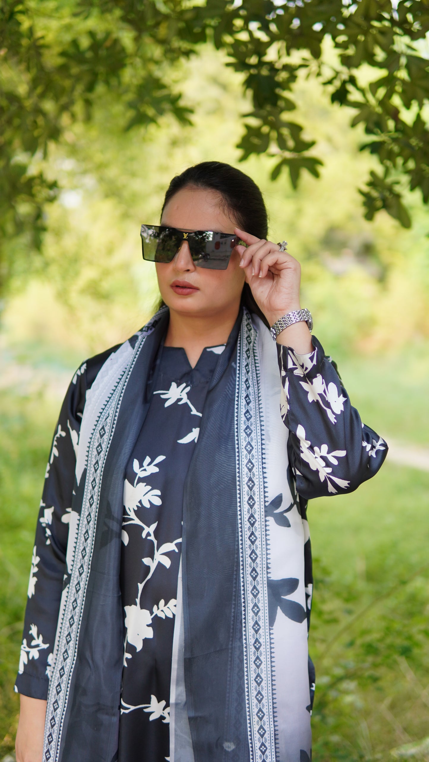 Premium Black & White Floral Silk 3 Piece Stitched Suit with Silk Dupatta - Menaalpret