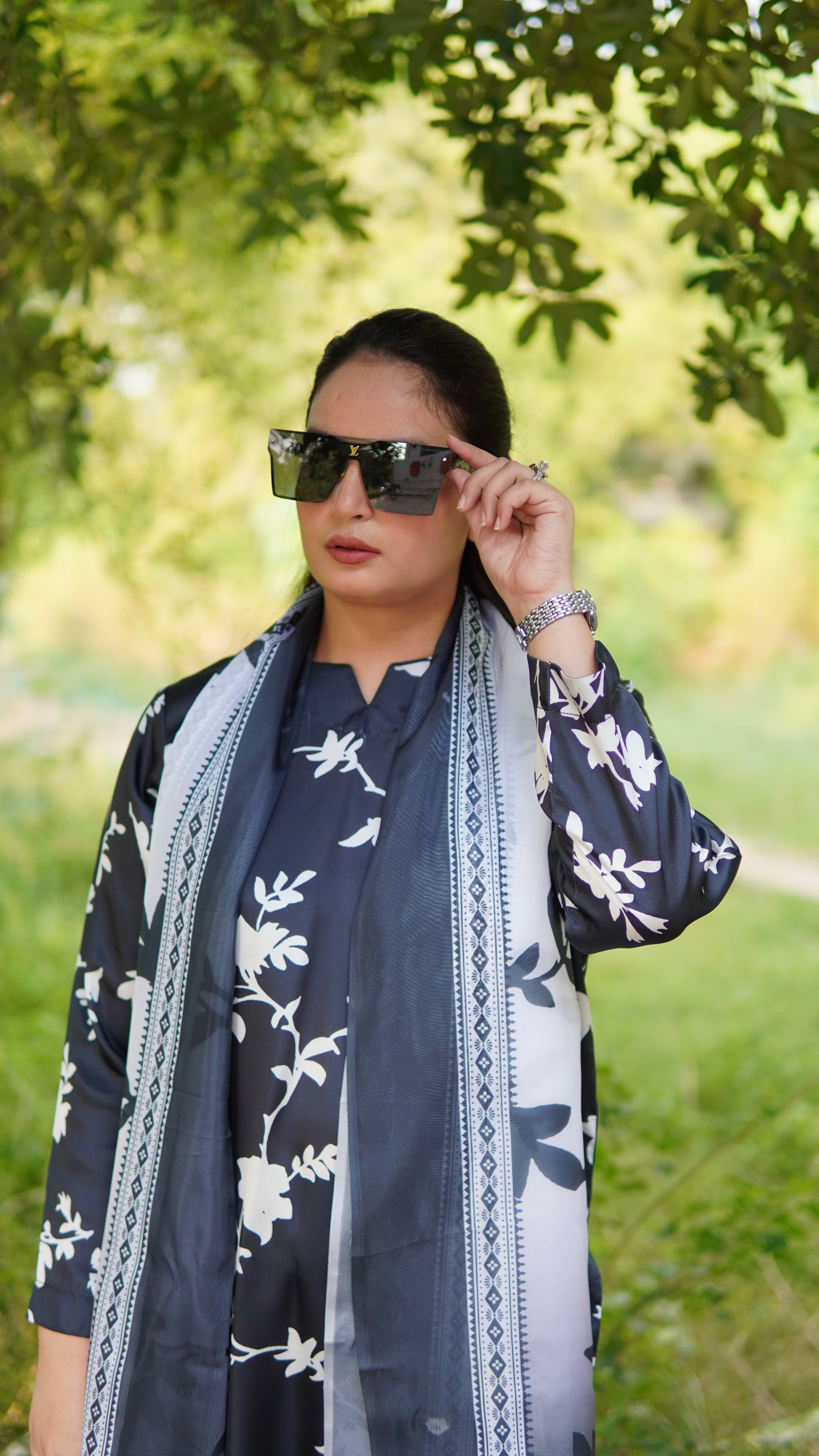 Premium Black & White Floral Silk 3 Piece Stitched Suit with Silk Dupatta - Menaalpret